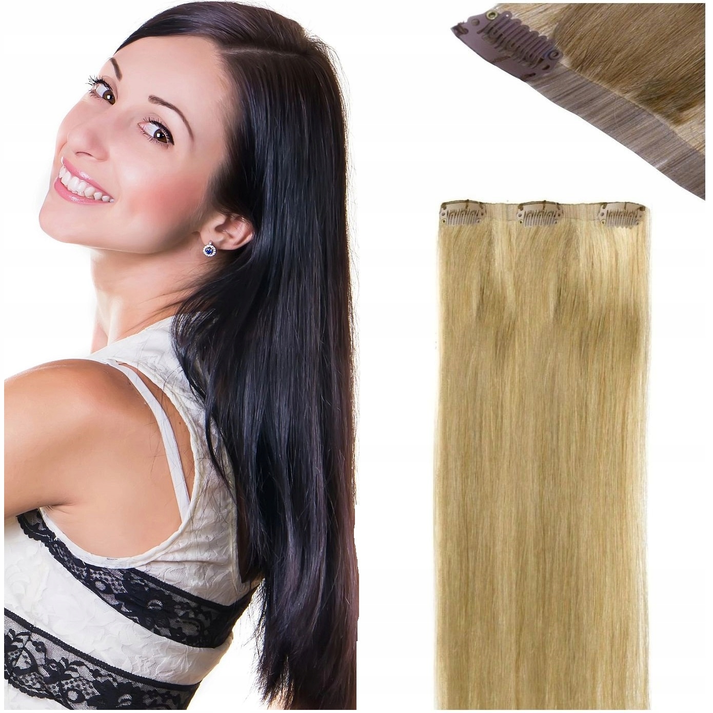 Bezešvé Clip-in Příčesek Do Vlasů 100% Přírodní 50 CM 3 Sponky černá 1