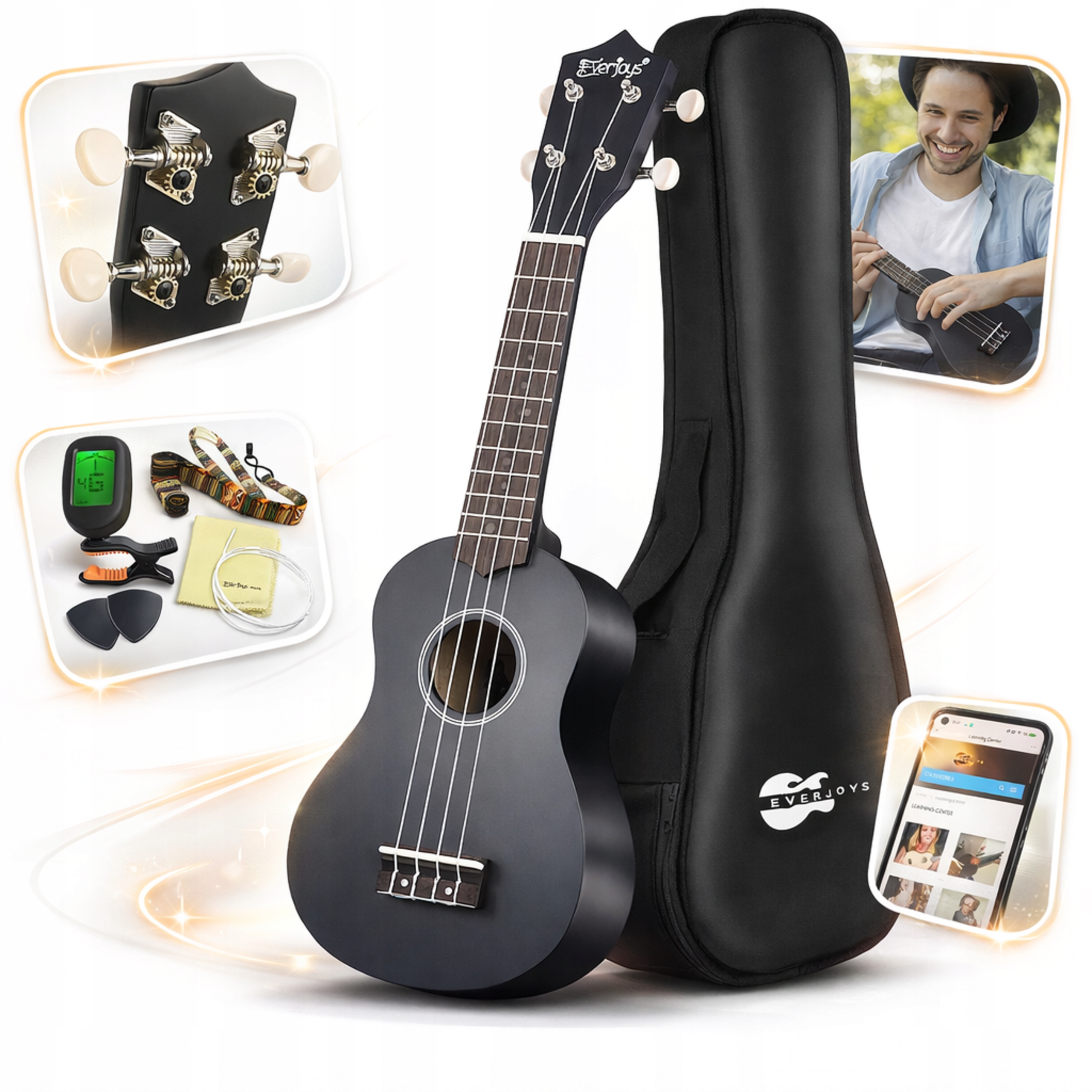 Ukulele Soprano 21 palců pro začátečníky s tunerem a pouzdrem Aplikace