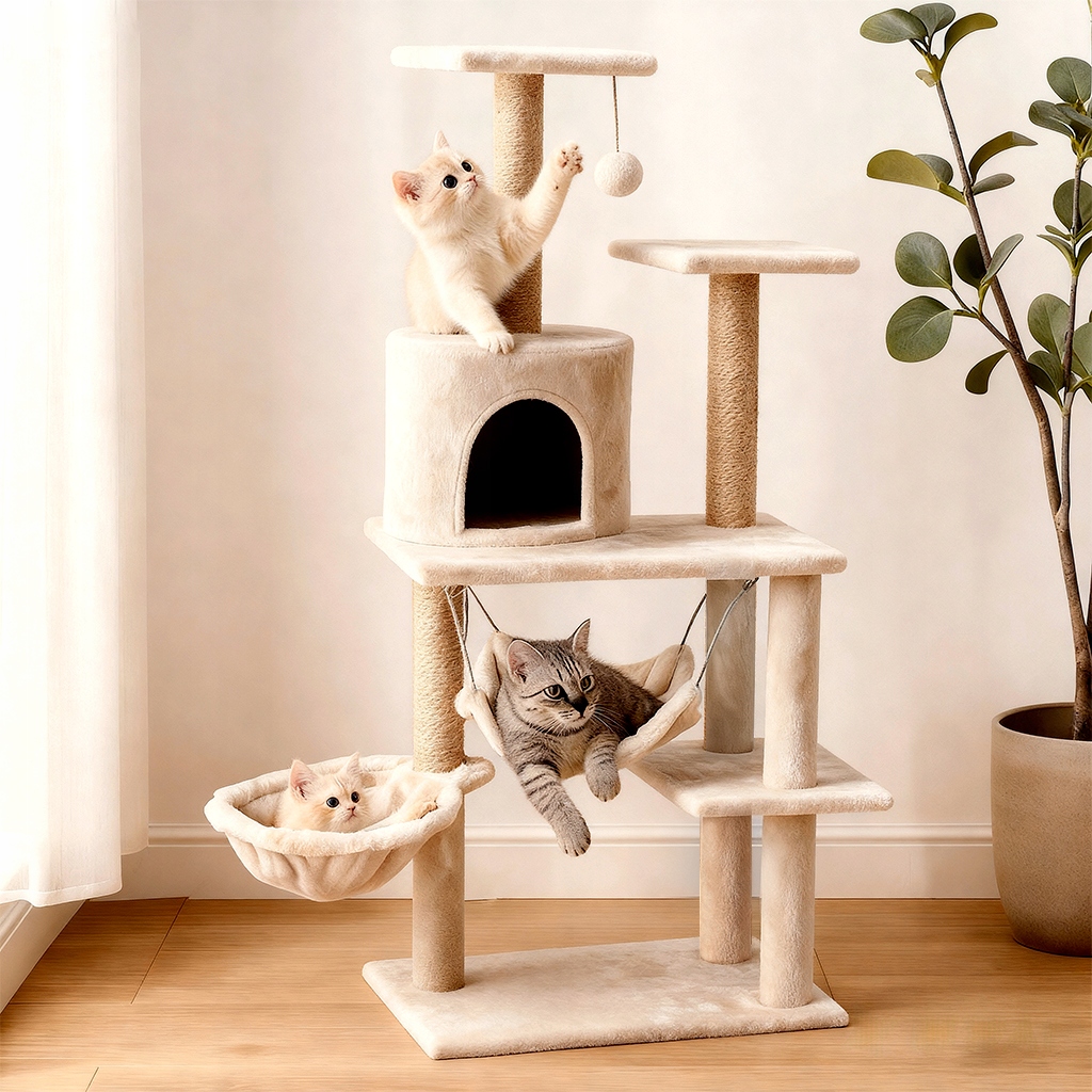 Levně Velký béžový stromek pro kočky s škrabací věží 137 cm pro houpací síť, ideální