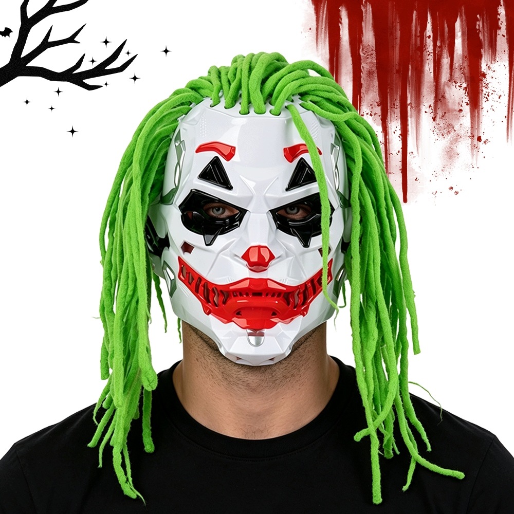 Kostým klauna na Halloween mechanická maska se zelenými dredy