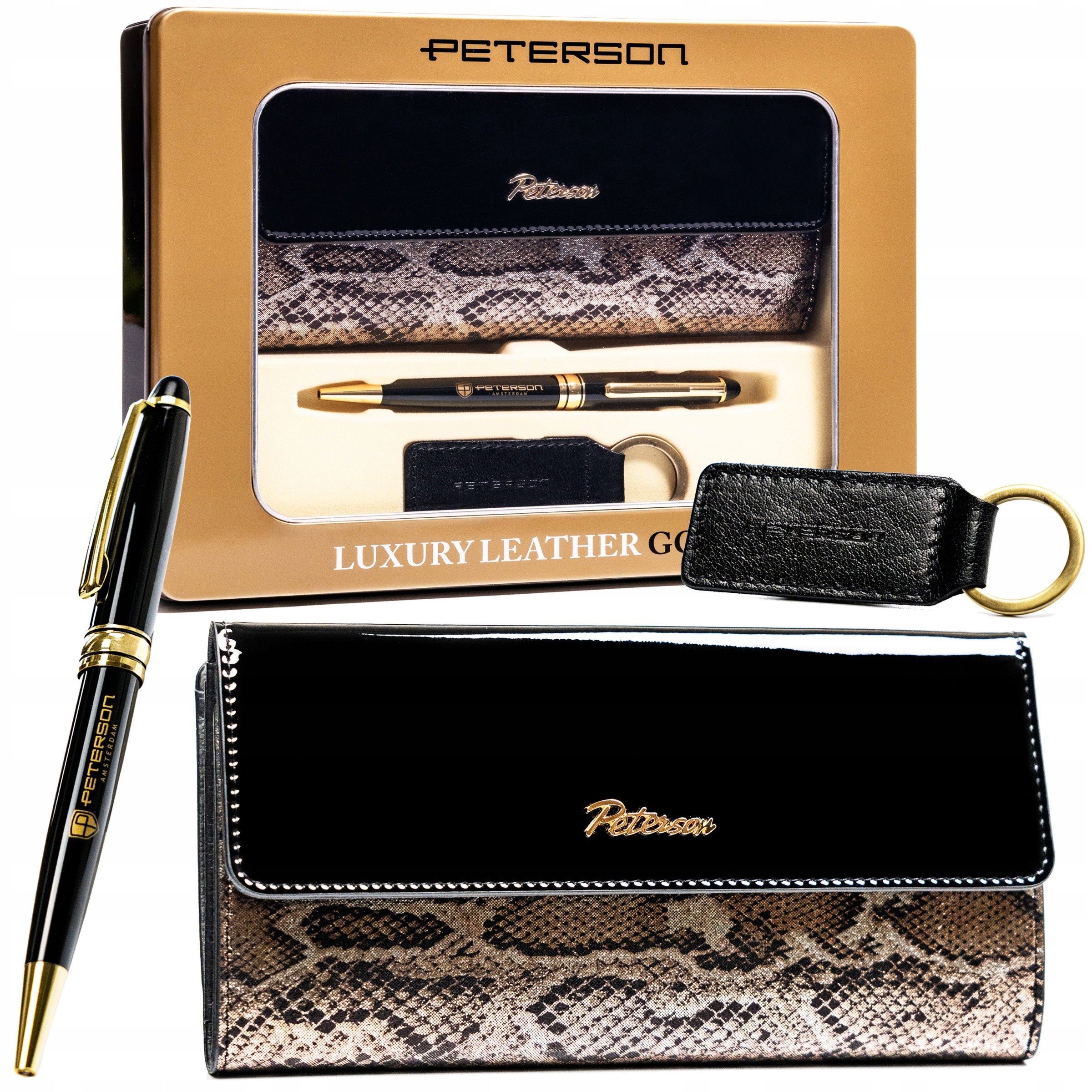 Peterson sada jako dárek pro ženu, peněženka, propiska, přívěsek na klíče, kůže
