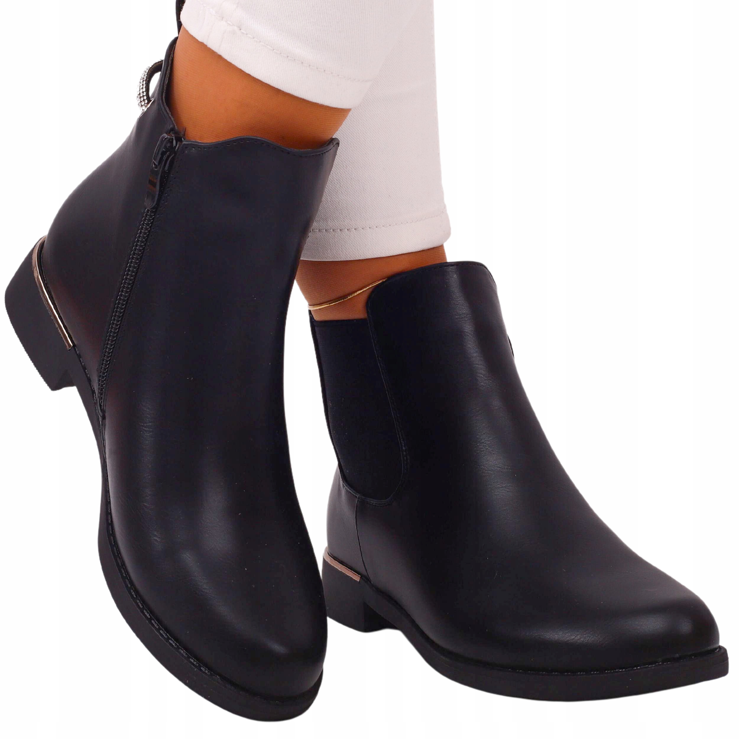 CZARNE BOTKI DAMSKIE SZTYBLET STYLOWE PŁASKIE Wysokość 