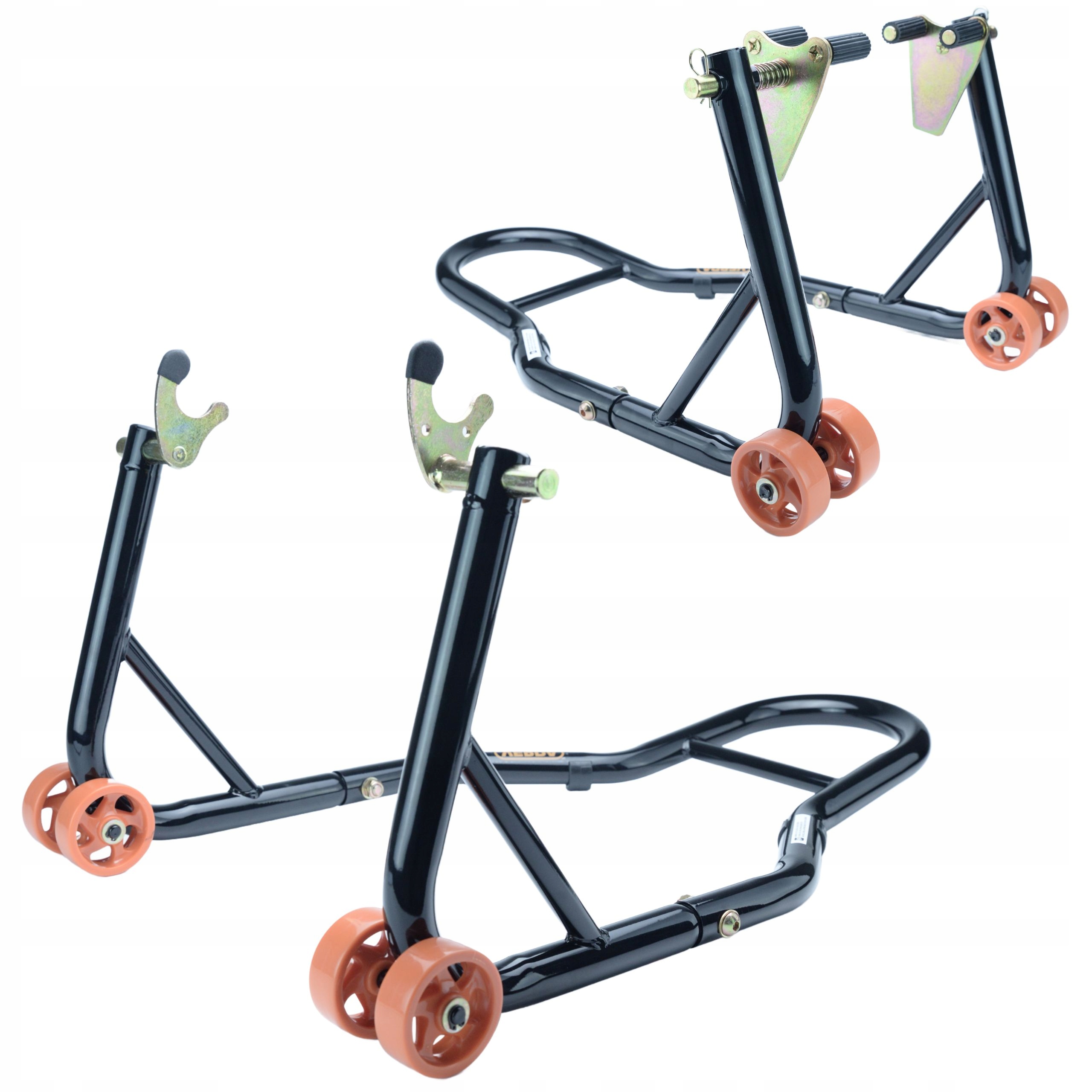 ZESTAW! Podnośnik STOJAK MOTOCYKLOWY Pod Tył ROLKI V + Na Przód WIDELEC