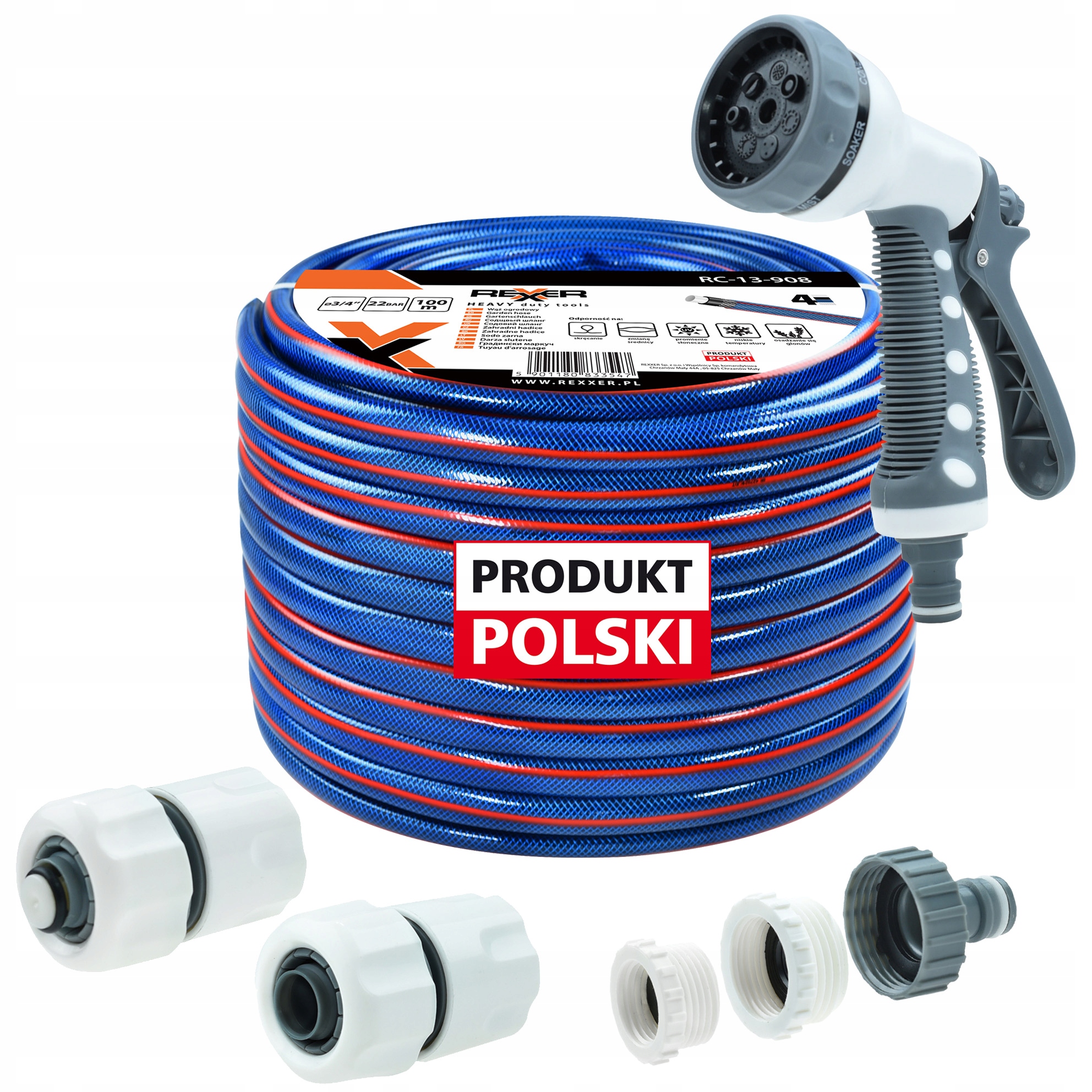 Záhradná Hadica 3/4" 100 M Spojky Multifunkčná Pištoľ Poľský Výrobok