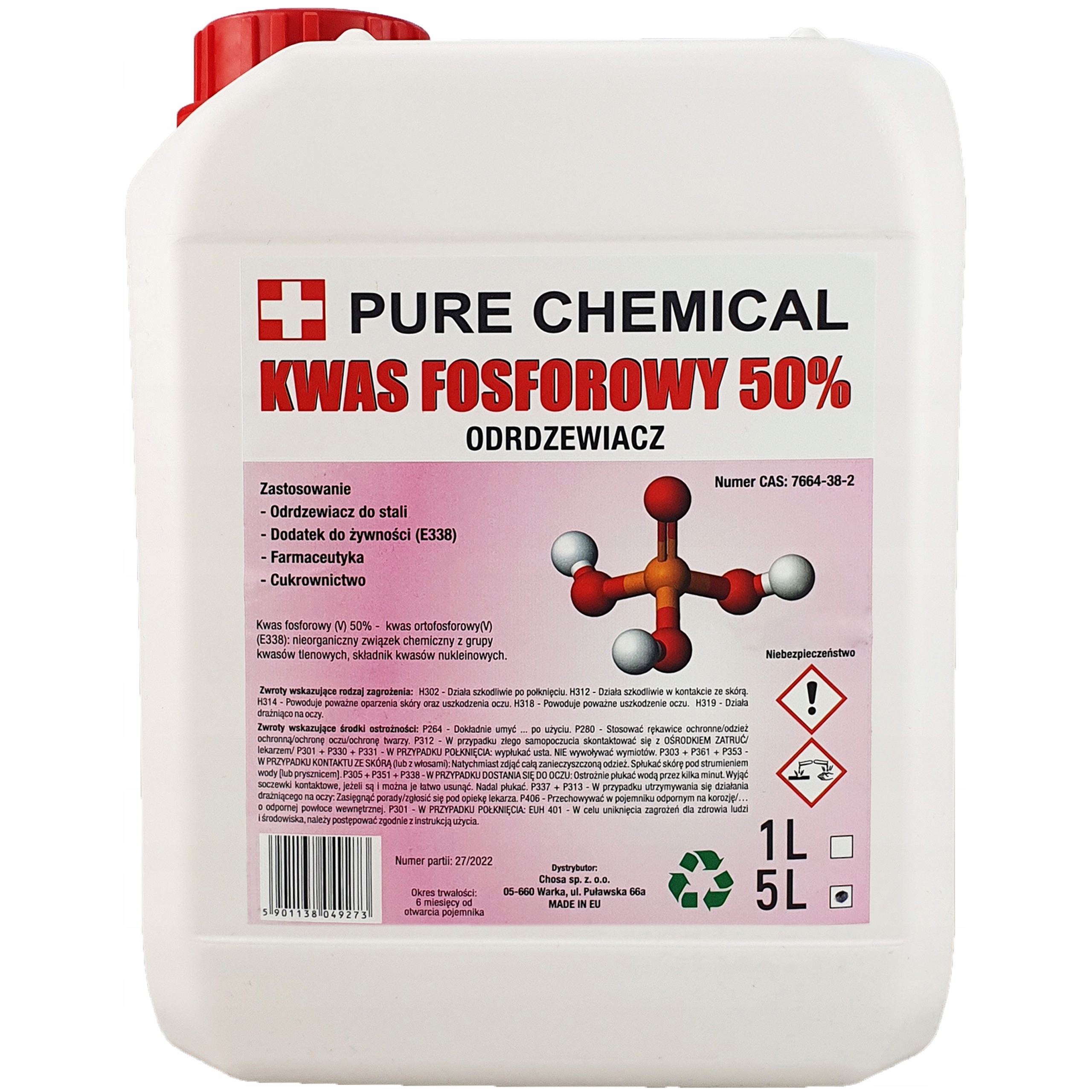 ODRDZEWIACZ DO STALII I ŻELIWA KWAS FOSFOROWY 5L 50% PURE CHEMICAL