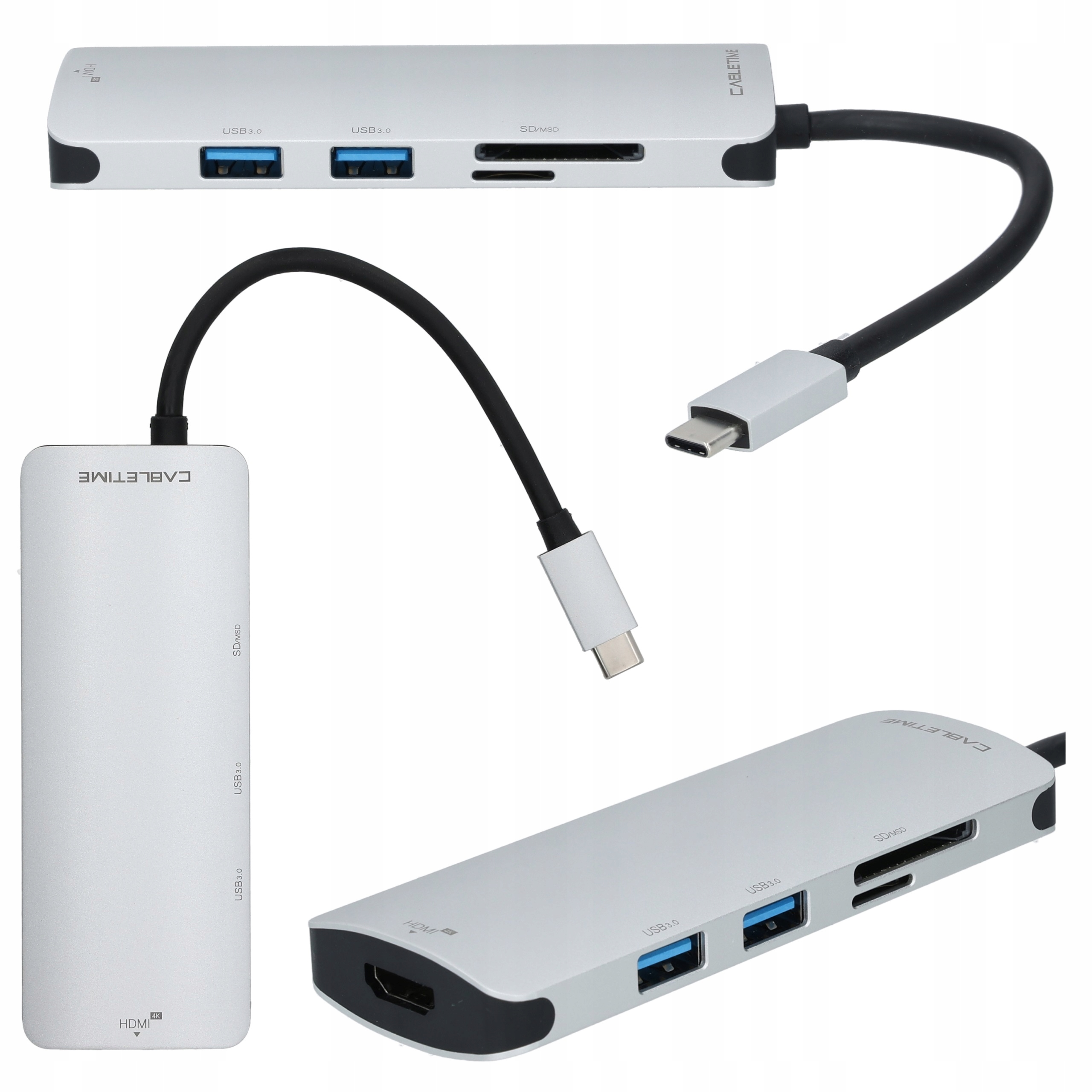 AUDA Adapter HUB 6w1 USB-C do HDMI 4K + 2x USB A + USB C + czytnik kart SD