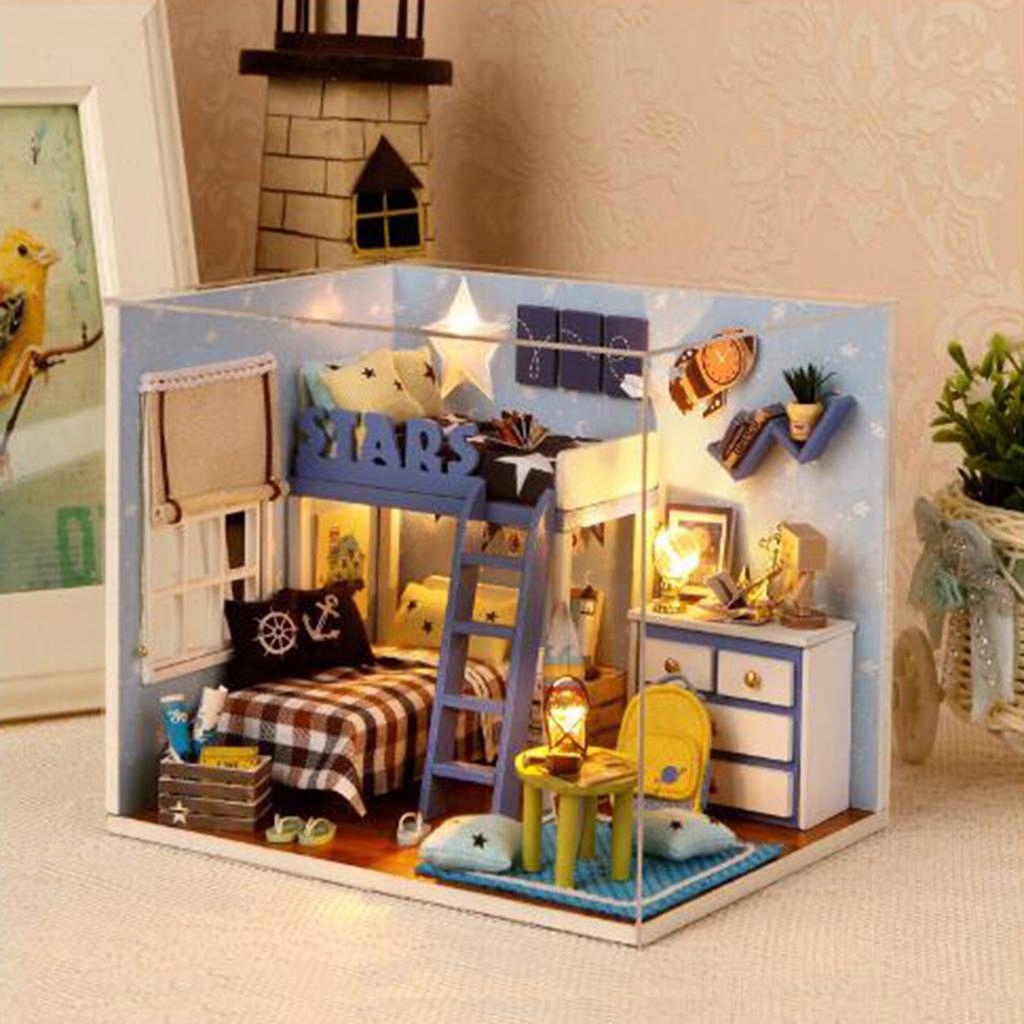 Miniaturowy domek dla lalek z meblami i oświetleniem LED, Materiał inny