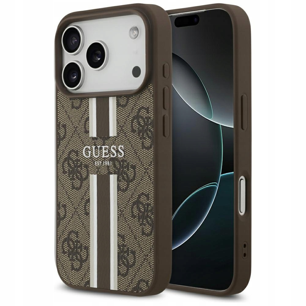 Pouzdro Guess 4G Printed Stripes MagSafe pro iPhone 17 Pro, hnědé