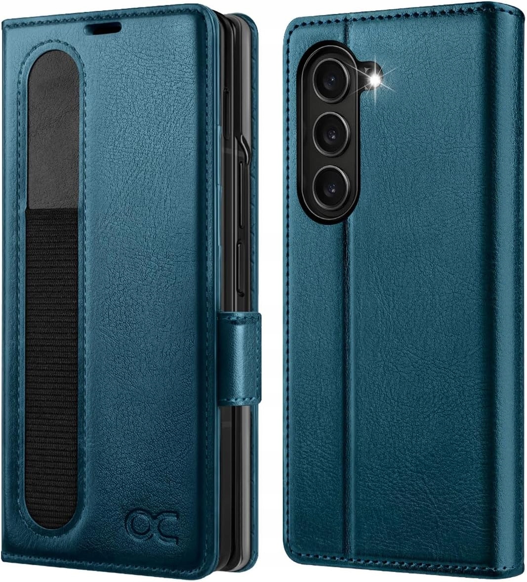 Ocase etui skórzane do Samsung Galaxy Z Fold 6 portfel pawi niebieski szkło