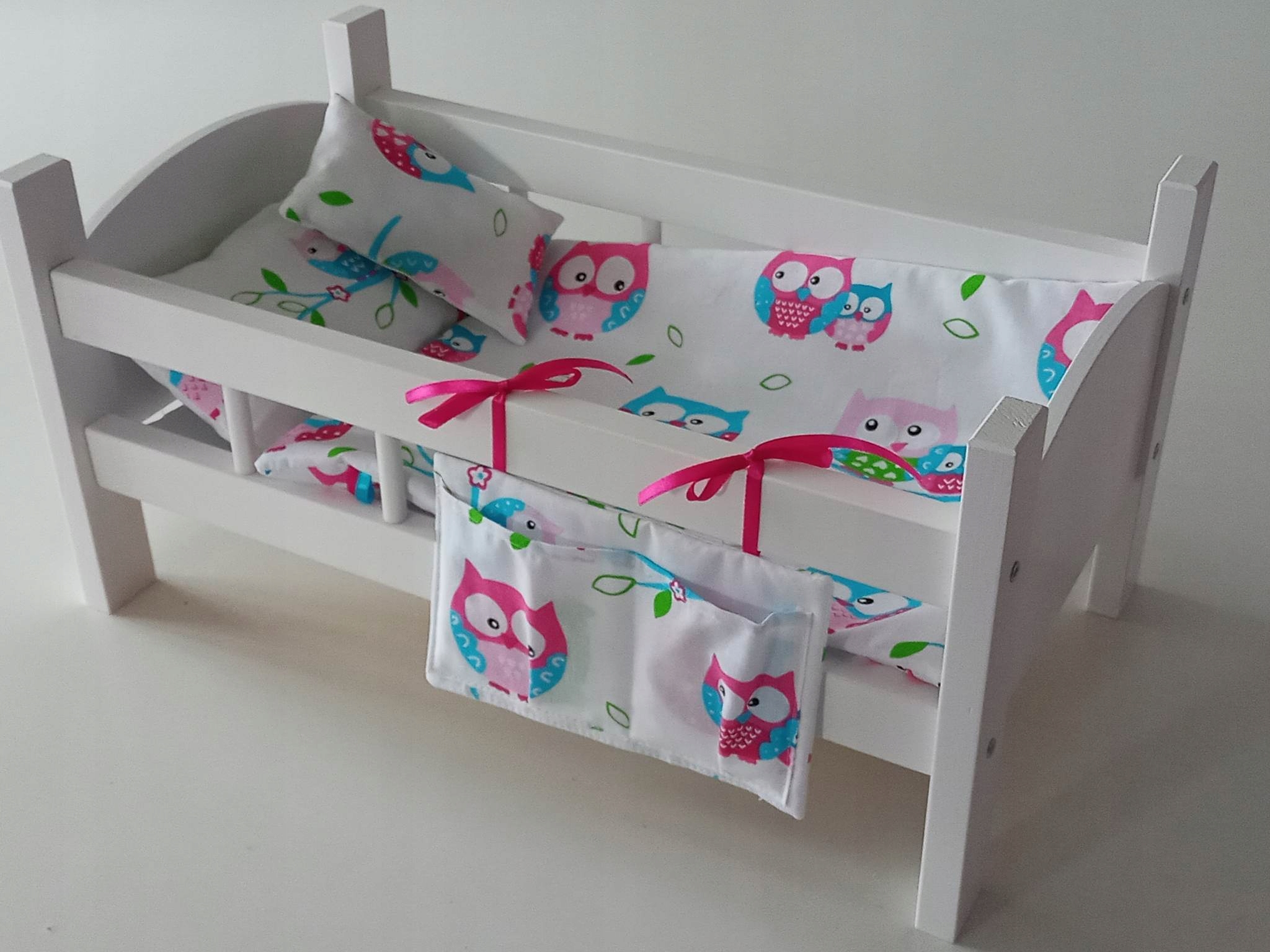 ŁÓŻECZKO DUŻE BIAŁE DREWNIANE dla lalek + POŚCIEL