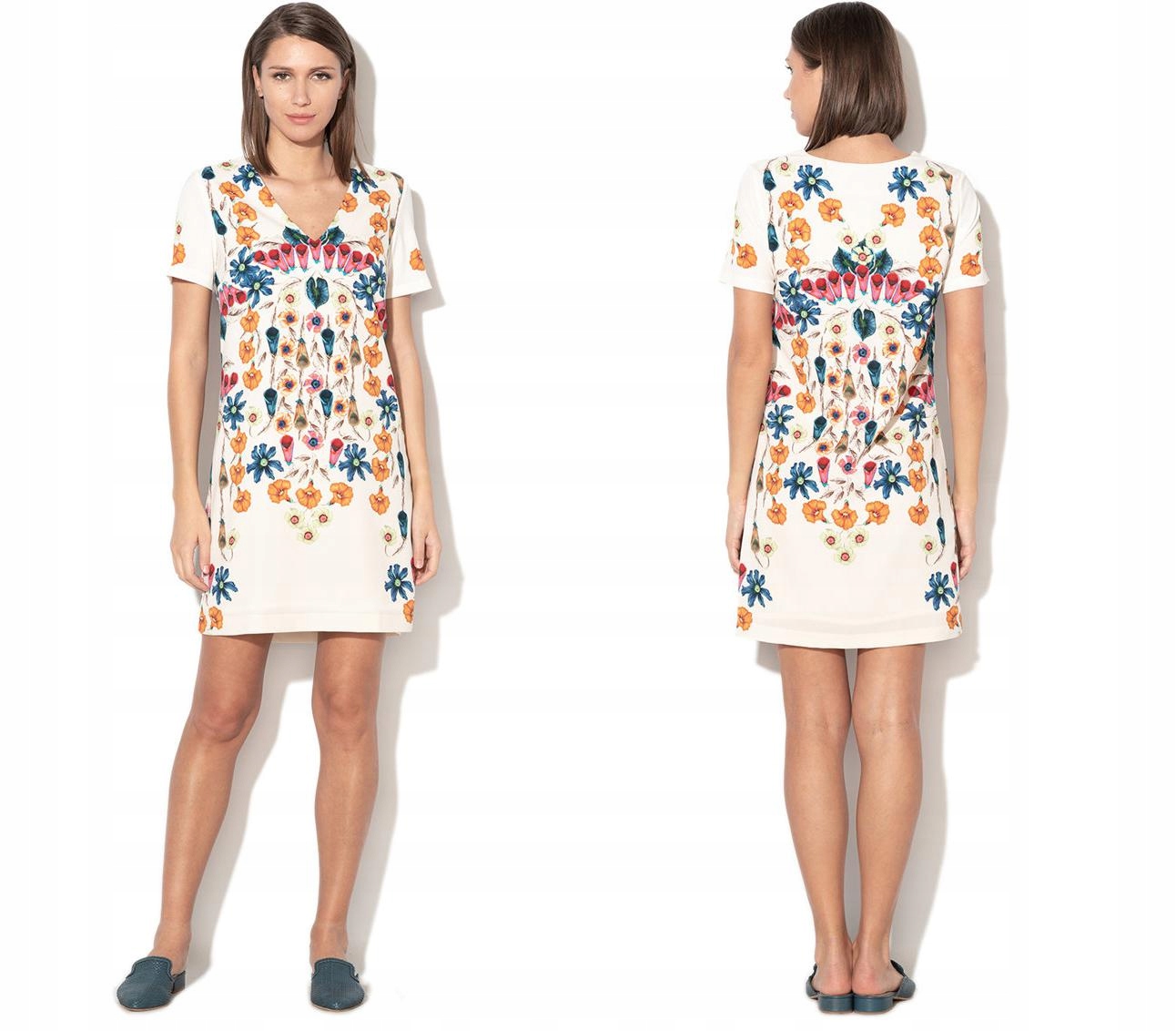 DESIGUAL ŚMIETANOWA PROSTA SUKIENKA PRINT (36)