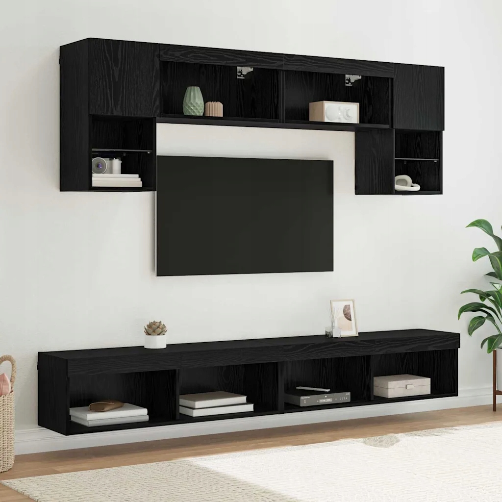 vidaXL Jednostki Tv na ścianę z Led 6 pcs Czarny Dąb