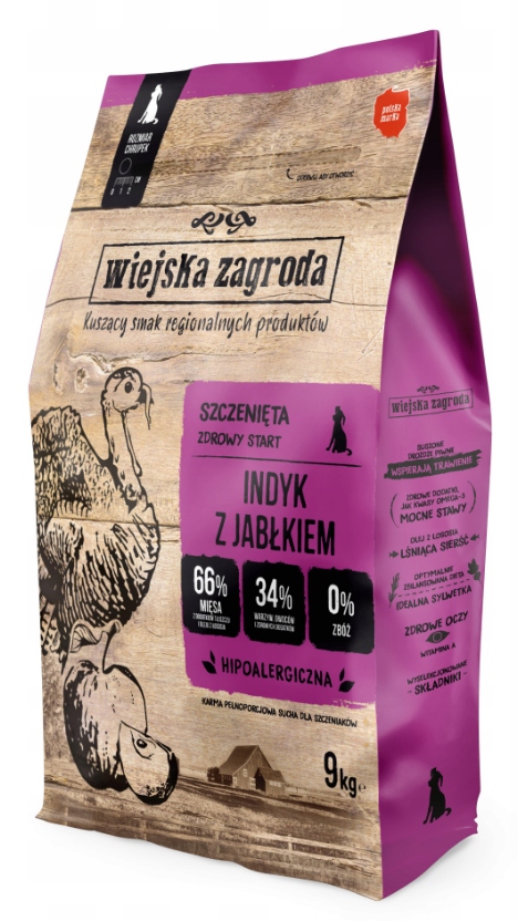 Wiejska Zagroda Krůta s jablkem suché krmivo pro štěňata M 9 kg