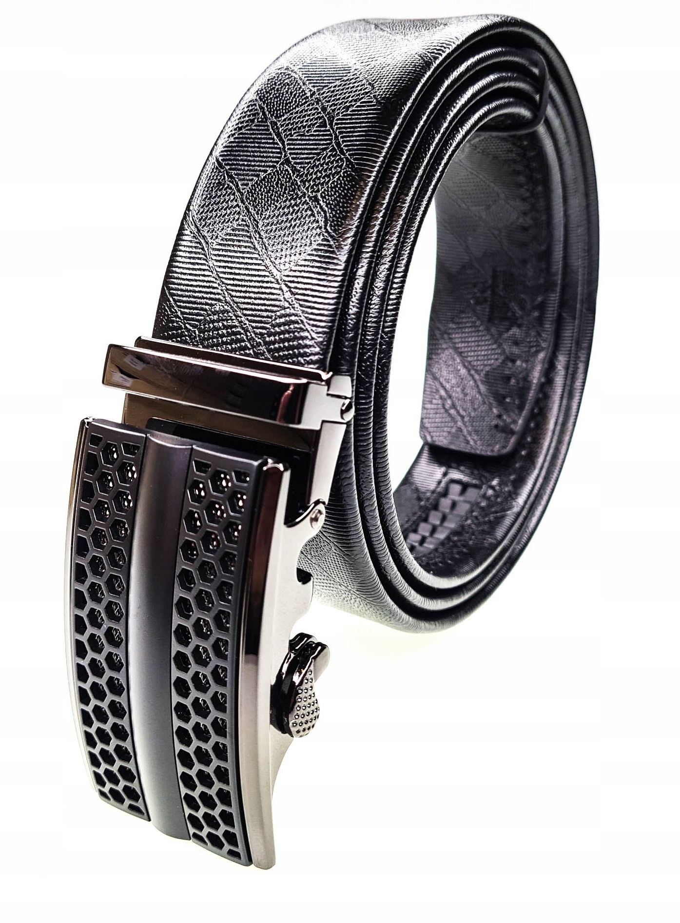 Luxusní Černý Pánský Kožený Opasek Automatický Prolamovaný Hexagon 140 CM