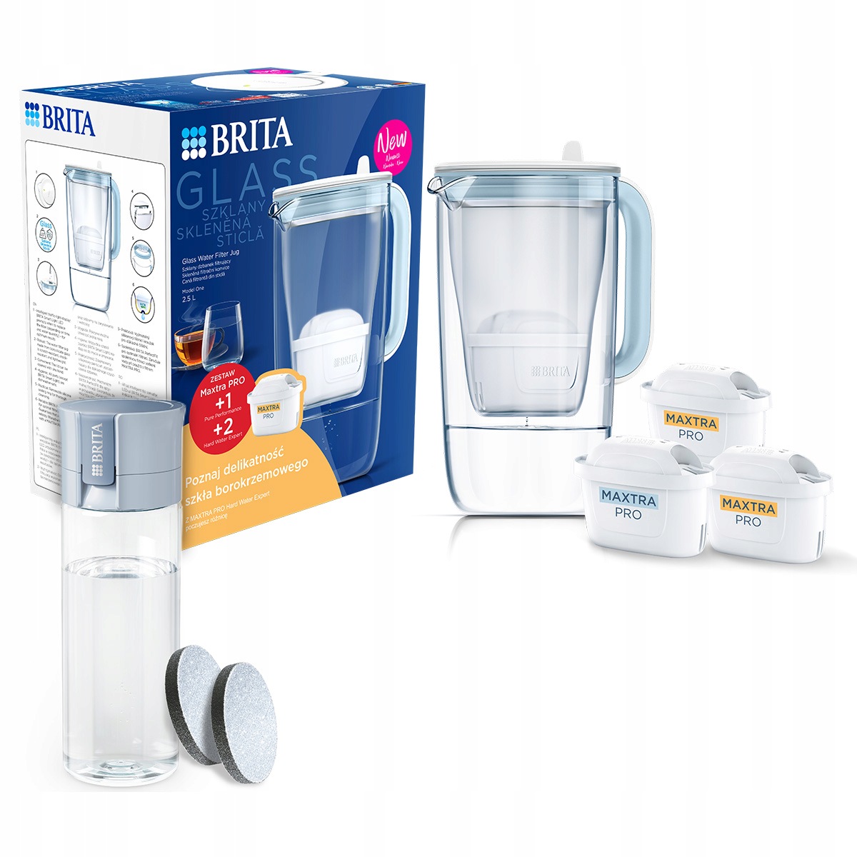 Brita dzbanek filtrujący Glass wkład Pp i 2x Hard Water, butelka filtrująca