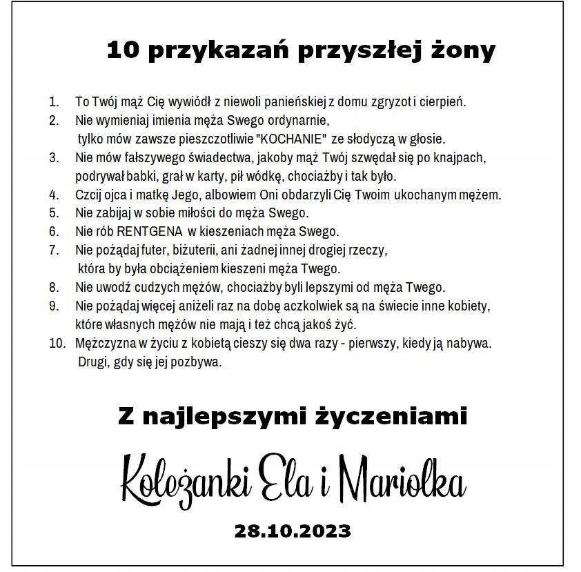 WIECZÓR PANIEŃSKI 10 przykazań przyszłej żony HIT! Szerokość produktu 16 cm