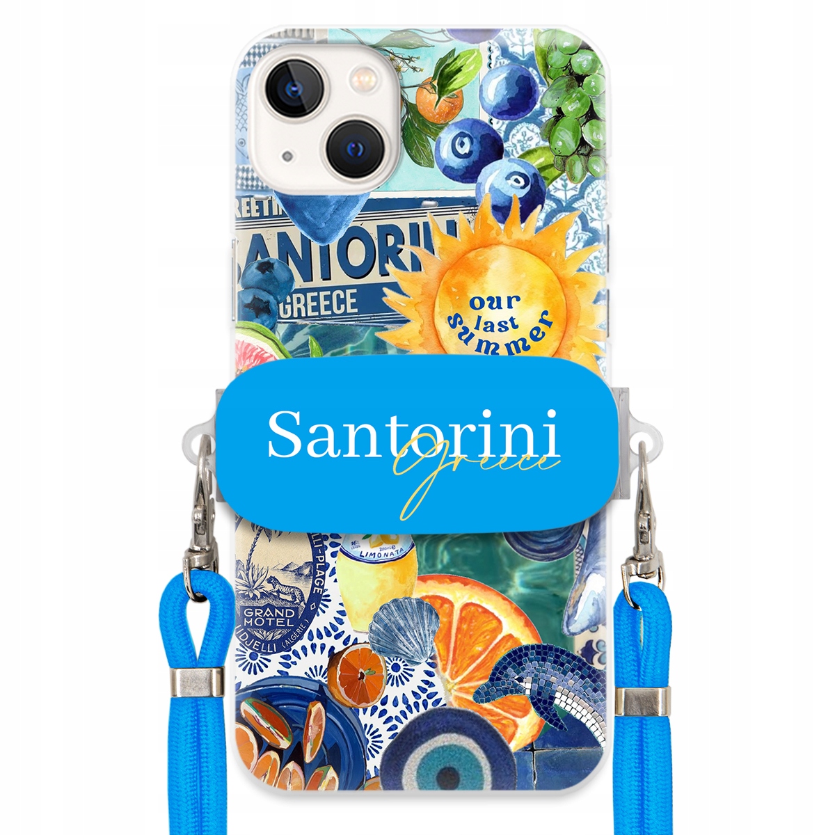 Puzdro pre iPHONE 14 Plus Modré Crossbody vodítko držiak Santorini Greece