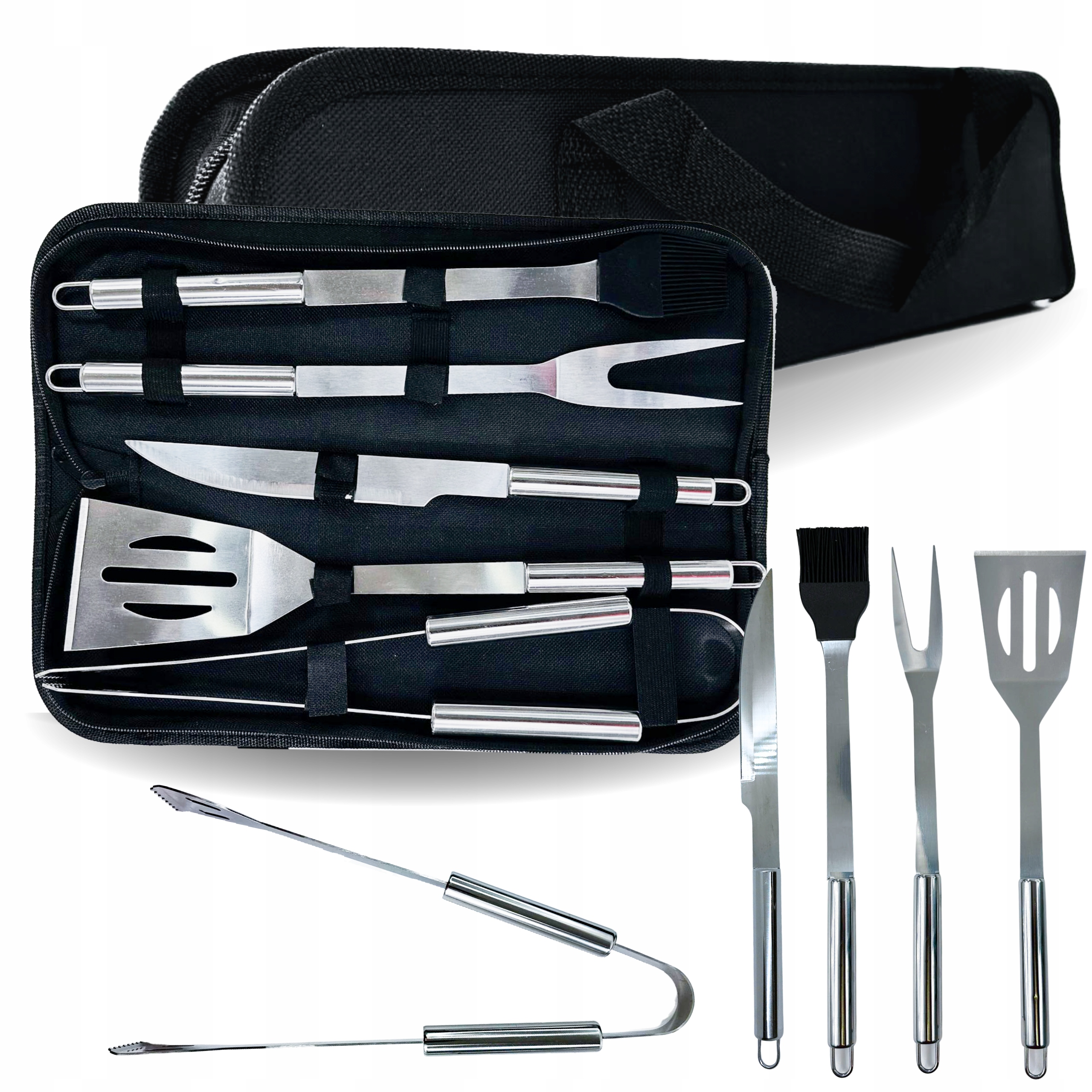 ZESTAW GRILLOWY AKCESORIA PRZYBORY DO GRILLA SZTUĆCE 5W1 +ETUI BBQ STALOWE