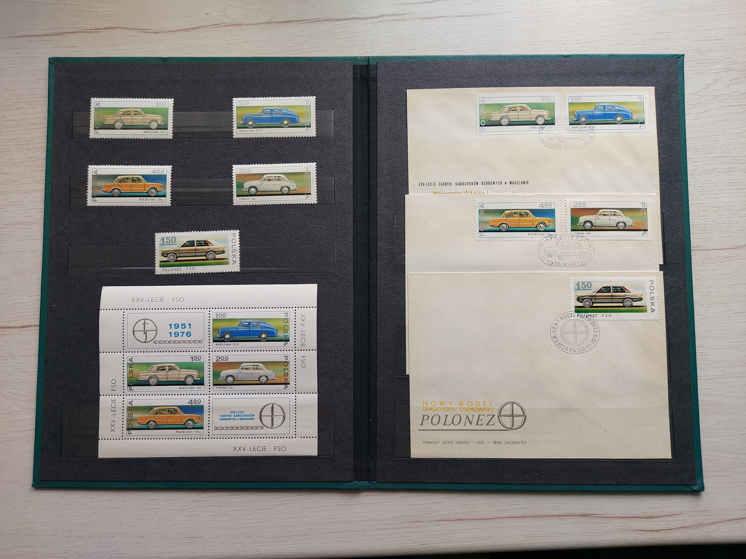 ZNACZKI POCZTOWE FSO + ALBUM. POLONEZ , FIAT , WARSZAWA , SYRENA
