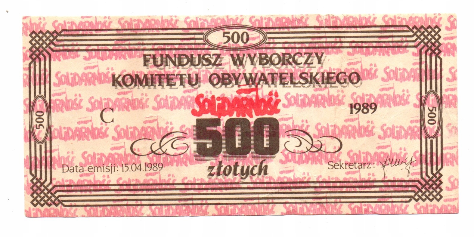 SOLIDARNOŚĆ CEGIEŁKA NA FUNDUSZ WYBORCZY 500 ZŁOTYCH 1989 R