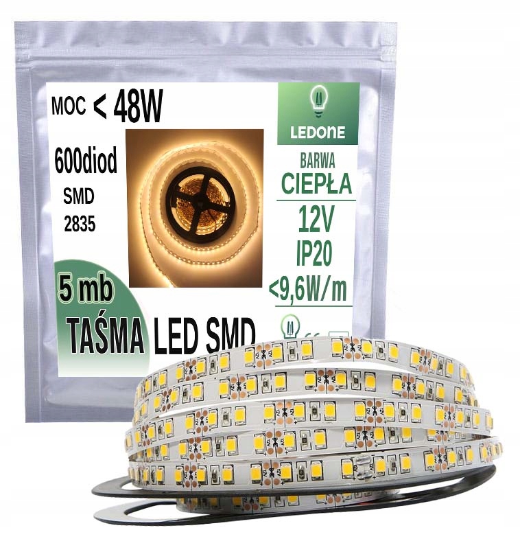 

Taśma Led Smd 2835 600 5m ip20 Biała Ciepła