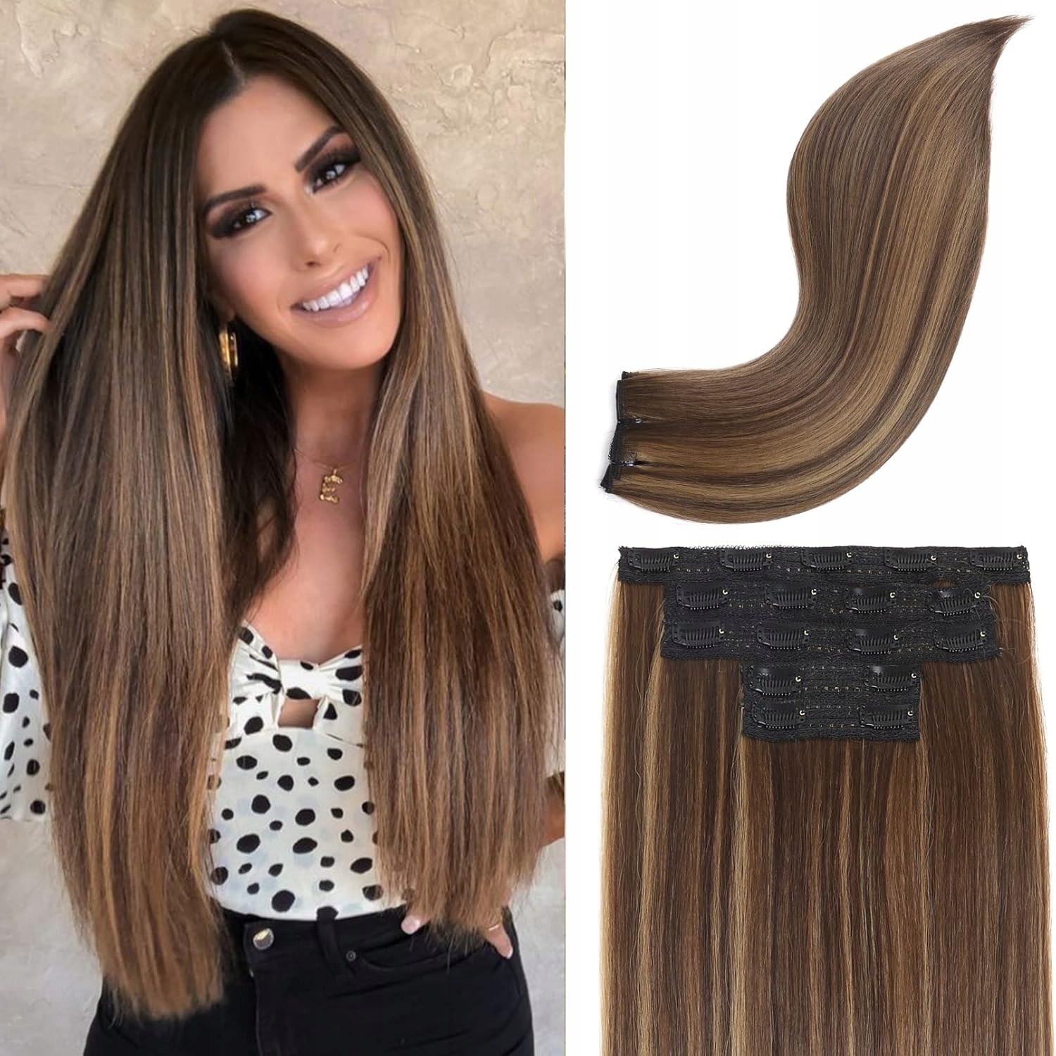 Prodloužení do vlasů Reecho Clip-in středně hnědé s blond odlesky 45 cm
