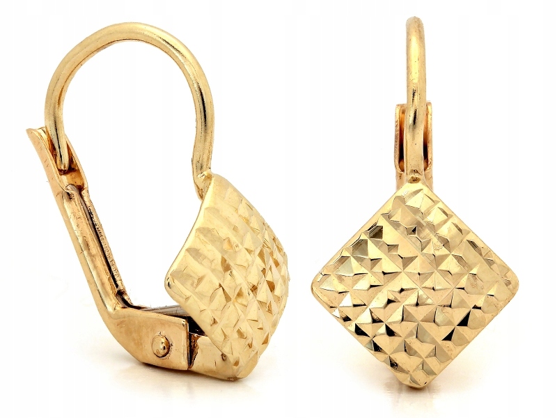 Zlaté náušnice pro ženu 585 lesklé zlato 14k s gravírovanými módními kosočtverci