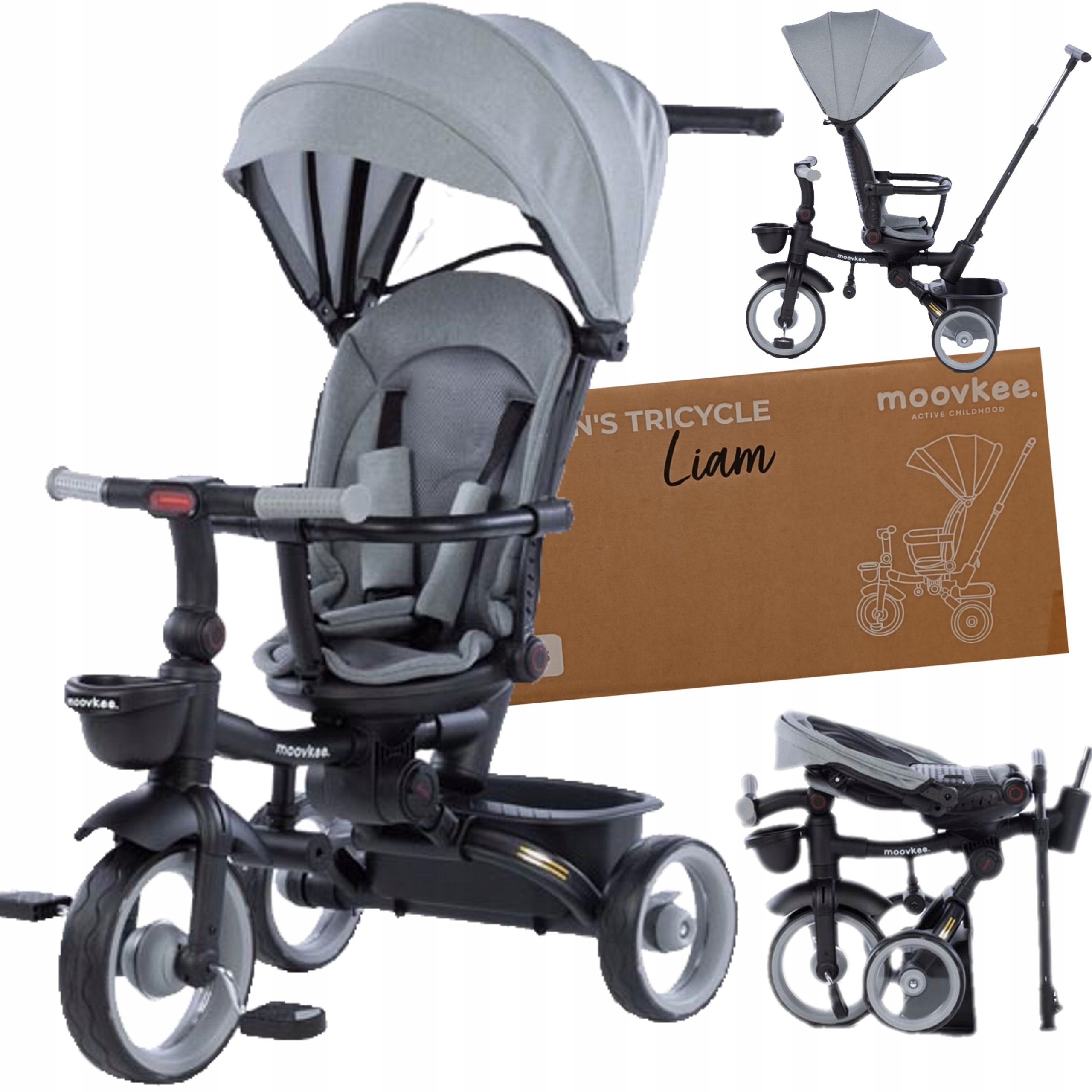 Rower trójkołowy Moovkee Liam szary obrotowe siedzisko 360 stopni