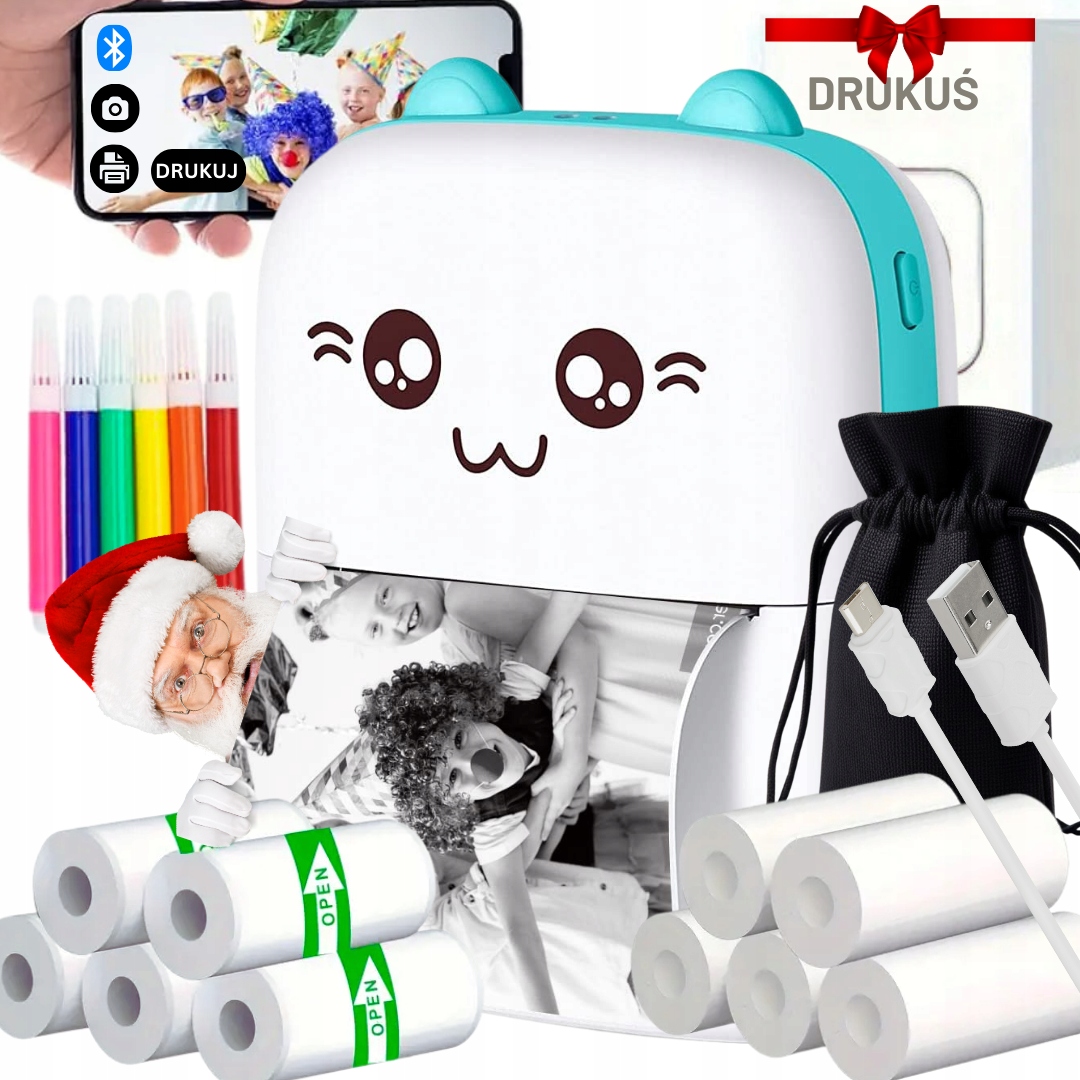 MINI DRUKARKA TERMICZNA DRUKUŚ DLA DZIECI DO ZDJĘĆ PRZENOŚNA 11 ROLEK ETUI
