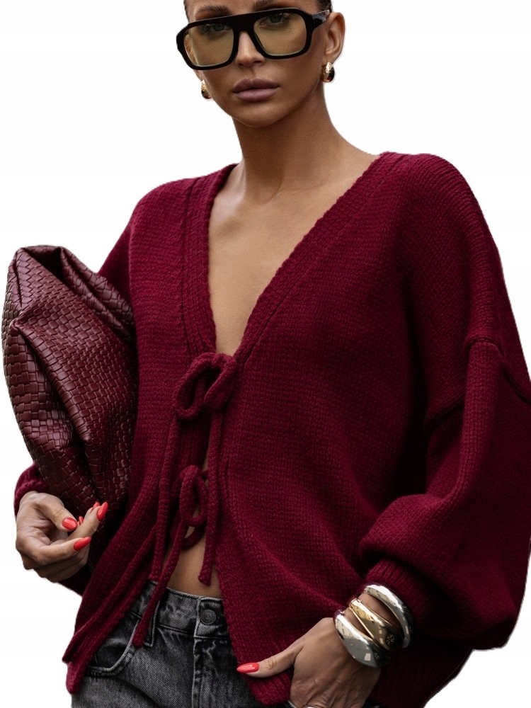 Cocomore Kardiganový svetr s vázáním Bordový New