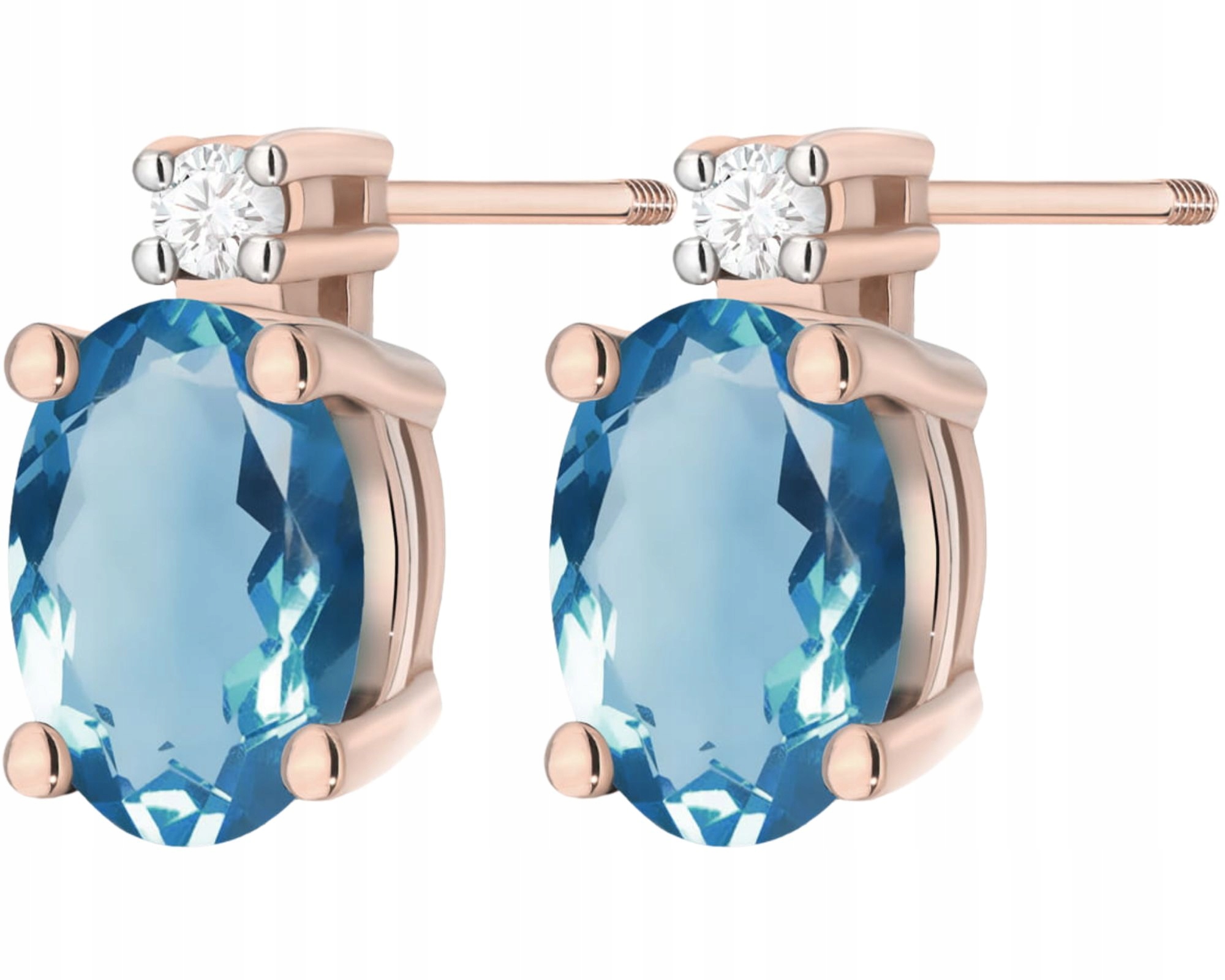 Růžové Zlato Náušnice S Topazem London Blue Brilianty Šroubovací Tyčinka