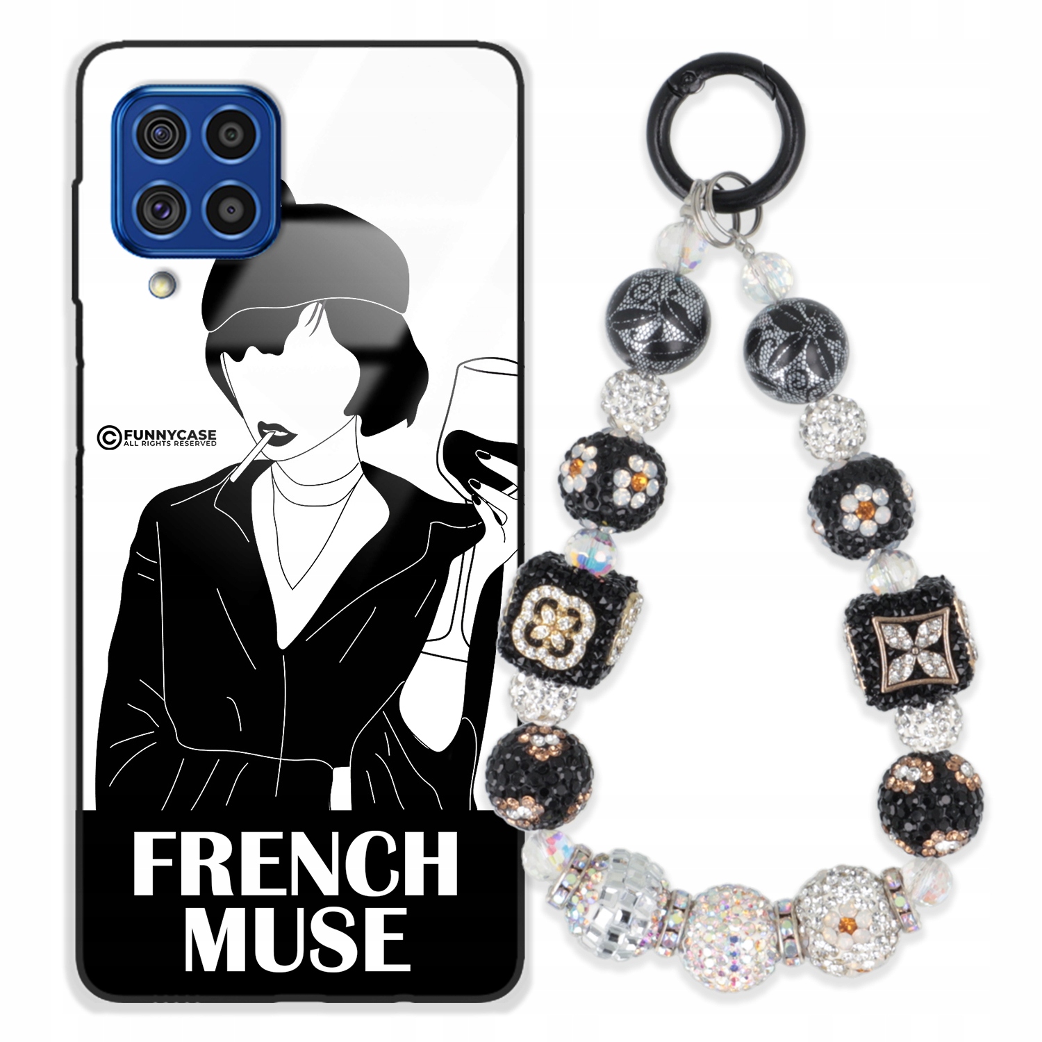 Puzdro Na Samsung M62 Glass Ženské Čierno-biele Kľúčenka, Strieborný Zirkón