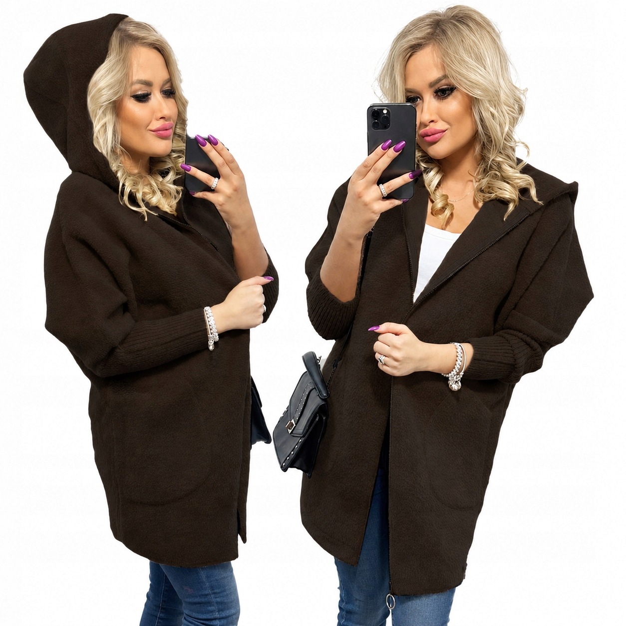 Alpaki Zip Kabát Vlna Barvy oversize Dlouhý Hnědý