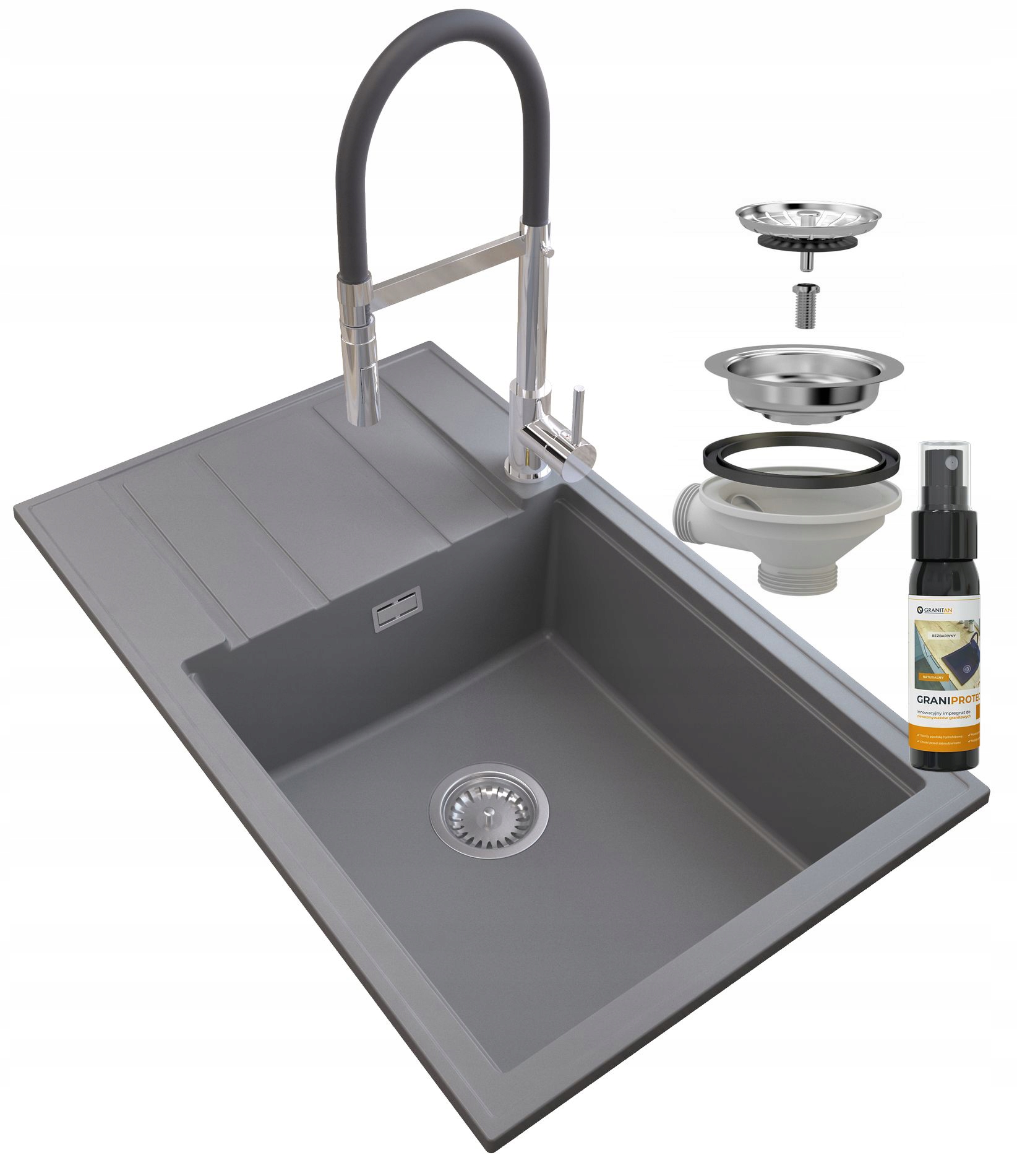 ZLEW GRANITOWY SZARY SYFON BATERIA CHROM LOUIS