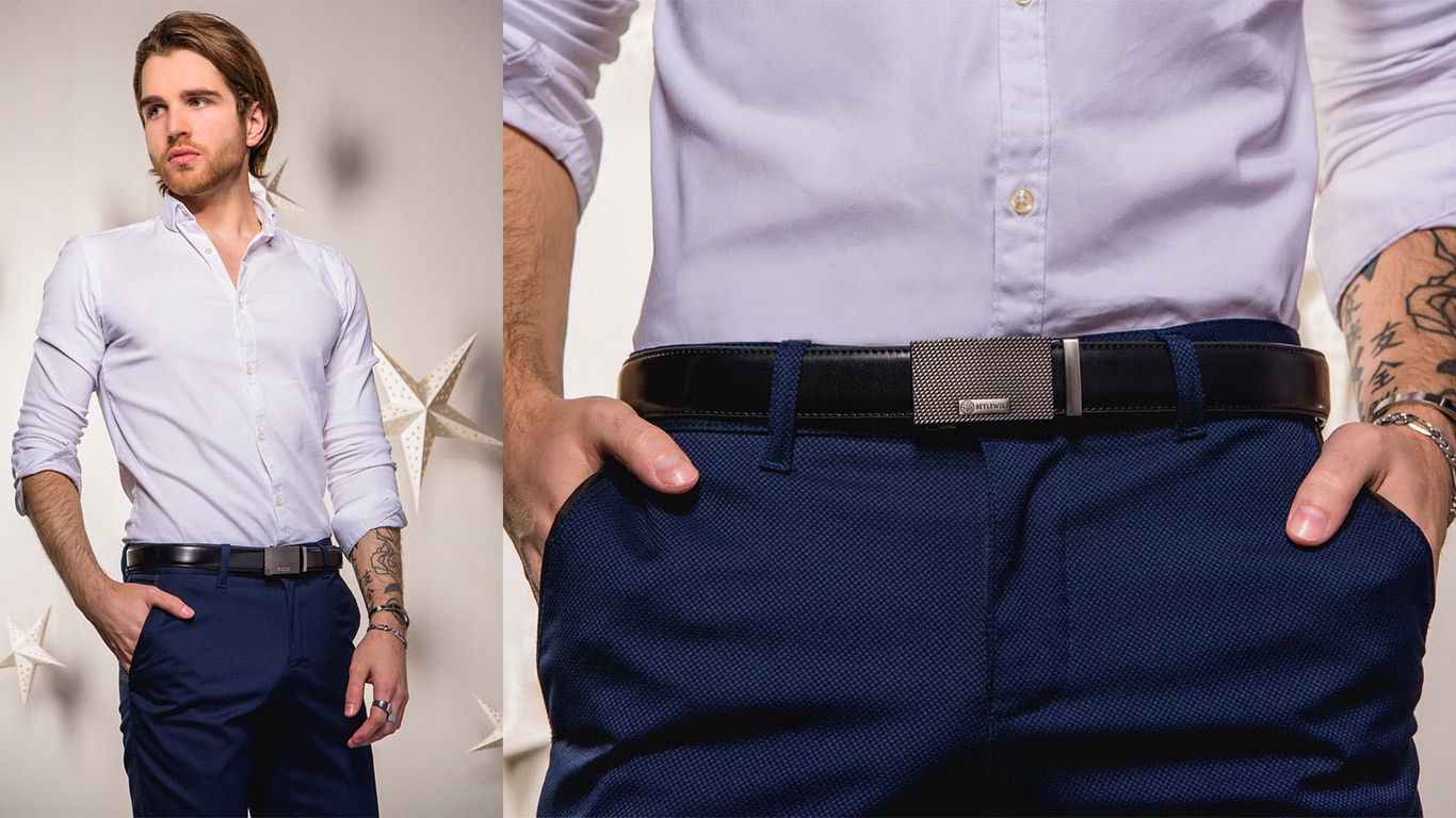 BETLEWSKI pasek skórzany męski automat klamra pas spodni klasyczny czarny Długość bez klamry 110 cm