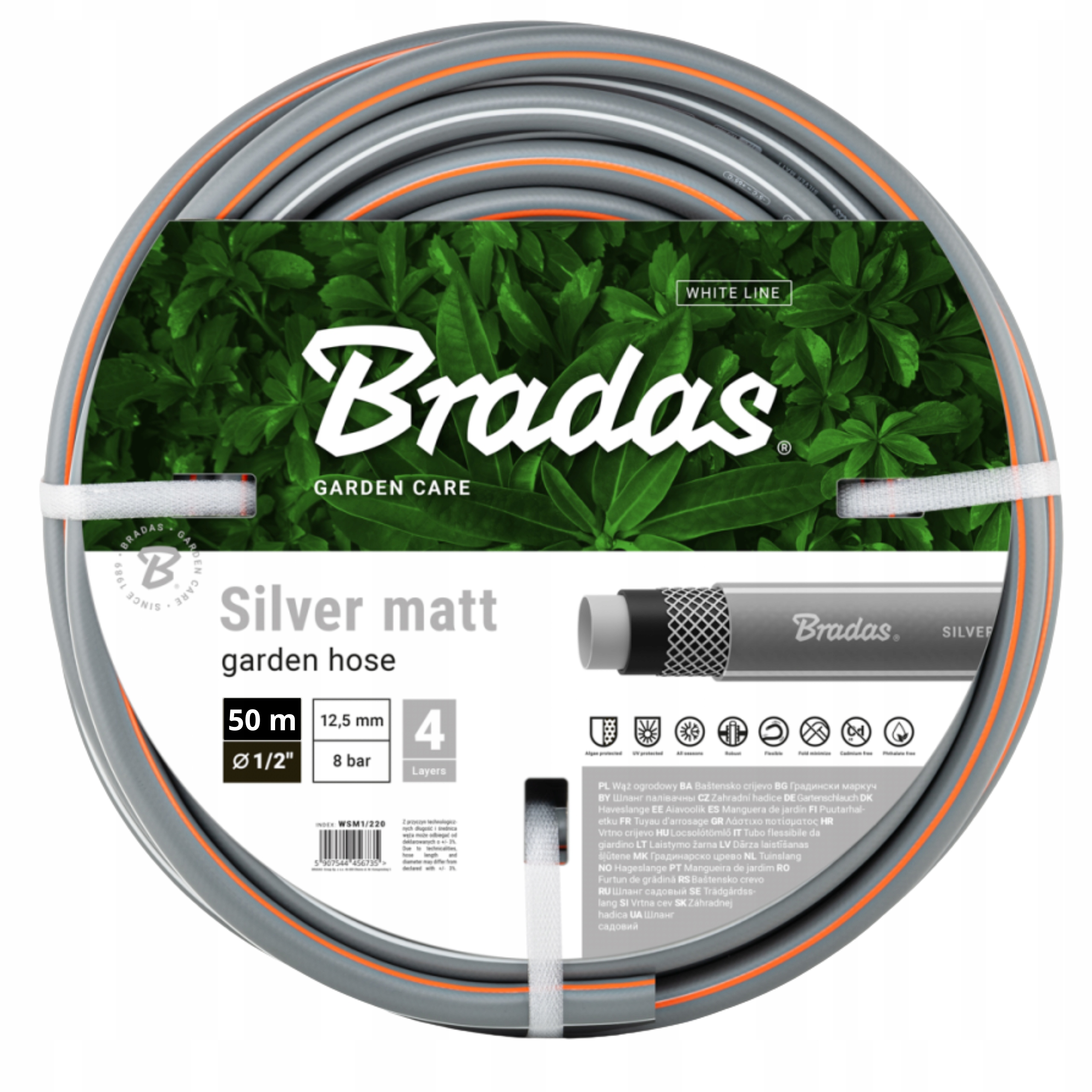 Wąż Ogrodowy Zbrojony 1/2" 50m 4 Warstwowy Bradas Silver Matt Mocny Odporny