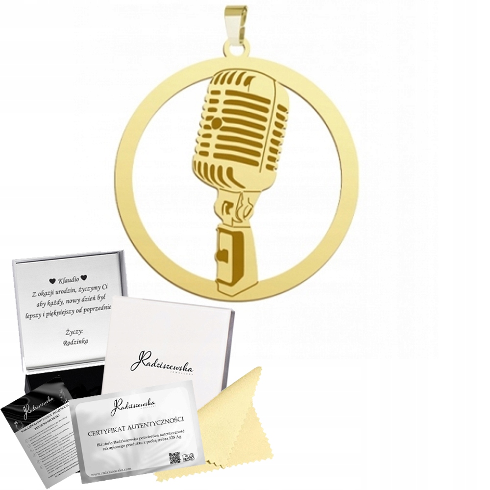 Zlatý přívěsek s mikrofonem Mikrofon Stříbro 925 Dárek Gravírování Bonus