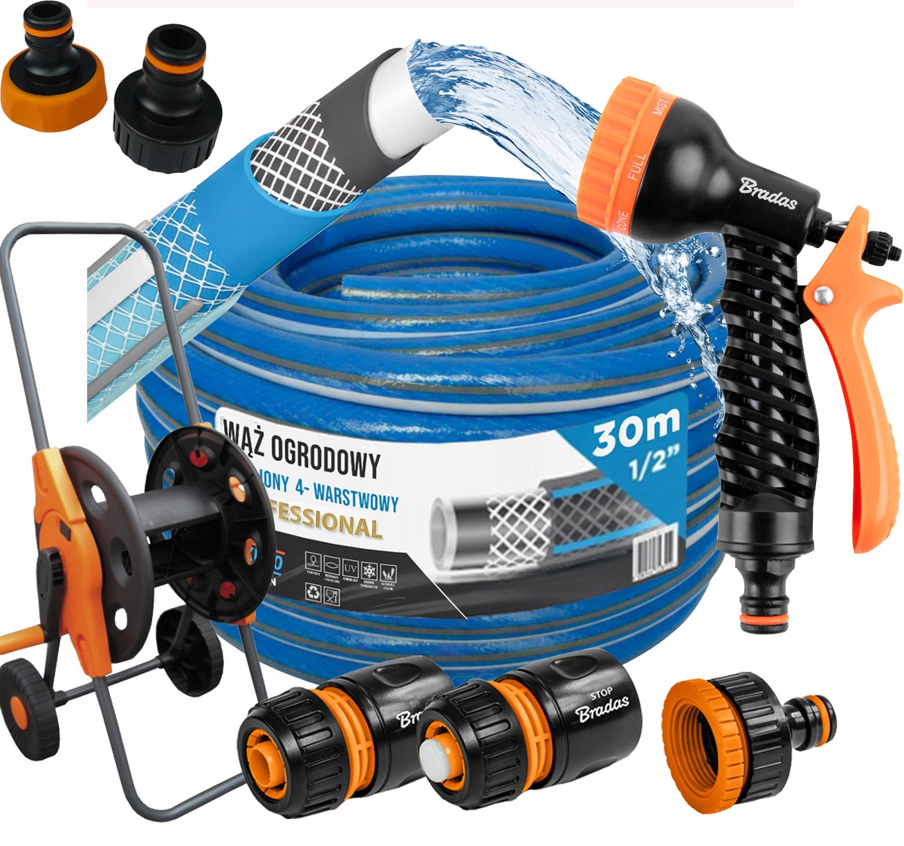 Hadice 1/2" 30 m 6 Vrstev Pistole Vozík Set Bradas 36 Bar
