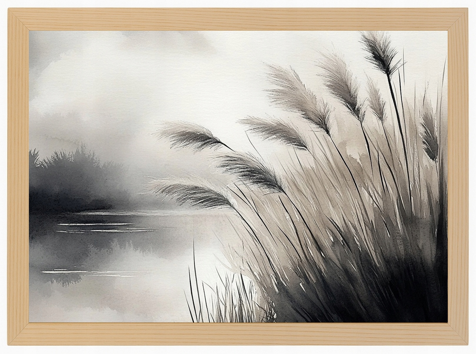 Plakát Rámeček Dřevo Krajina Pohled Jezero Rybník Tráva Pampasová 80x60
