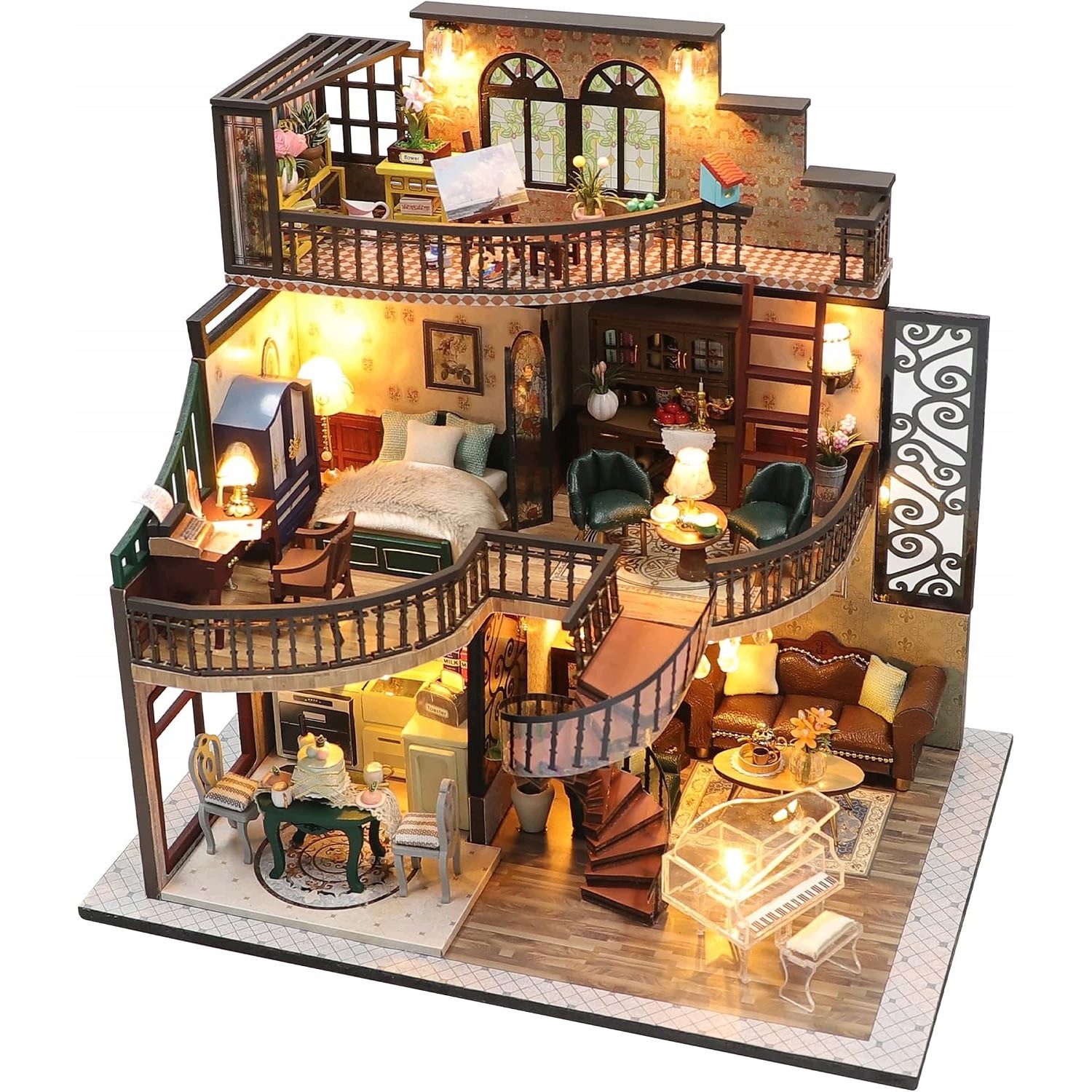 Zestaw Kreatywny Puzzle 3D Miniatura Domku Retro Architektura Z Drewna Led