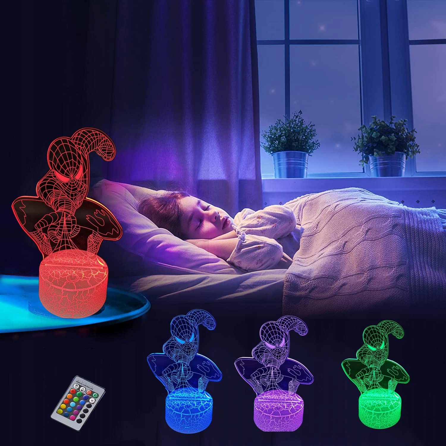 Lampka nocna 3D LED SPIDER-MAN kabel USB + PILOT Długość/wysokość 20 cm