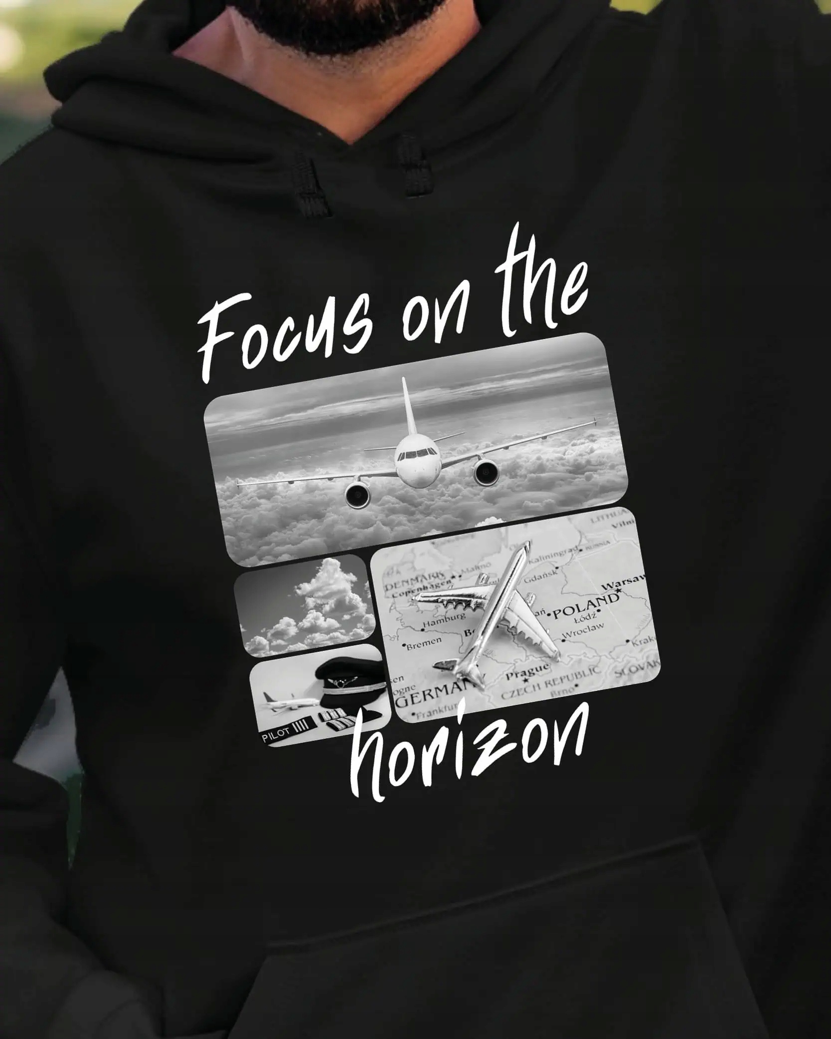 Mikina s kapucí Dárek pro pilota Umělecká koláž Černá XL