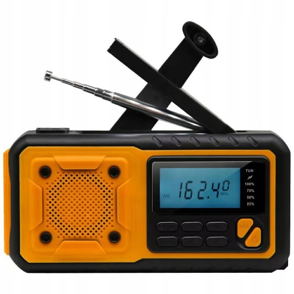 Nouzové rádio Am/fm IPX3 s dynamem, svítilnou, powerbankou a solárním panelem