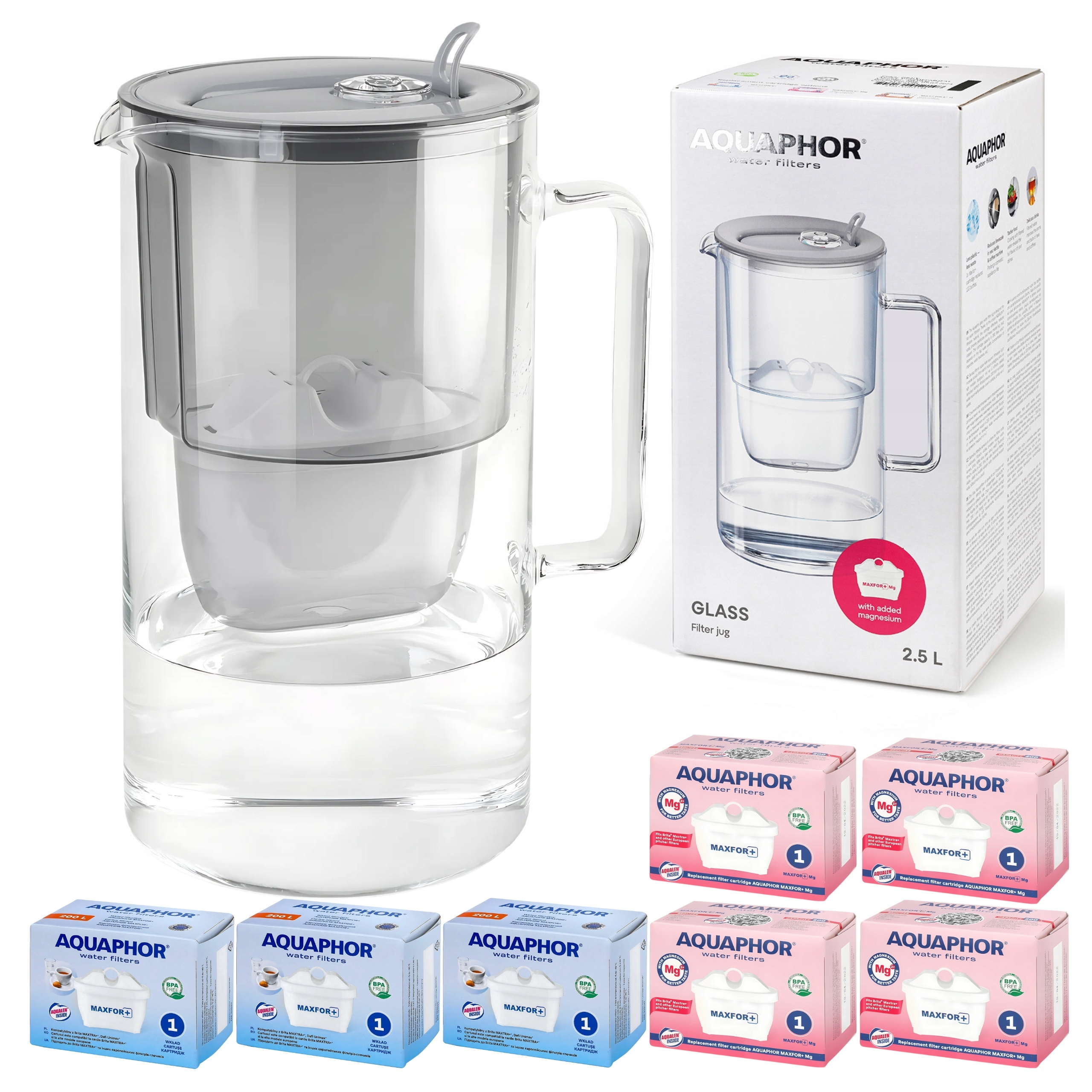 Filtrační konvice skleněná Aquaphor Glass Šedá 7 filtračních vložek Maxfor