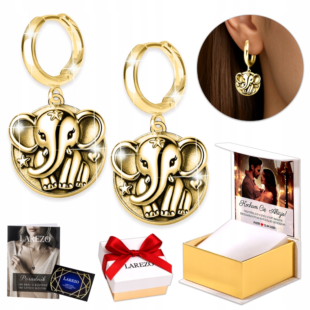 Zlaté Náušnice 925 Kruhy s Visícím Slonem, Sloni, Hvězdy, Slon Slon