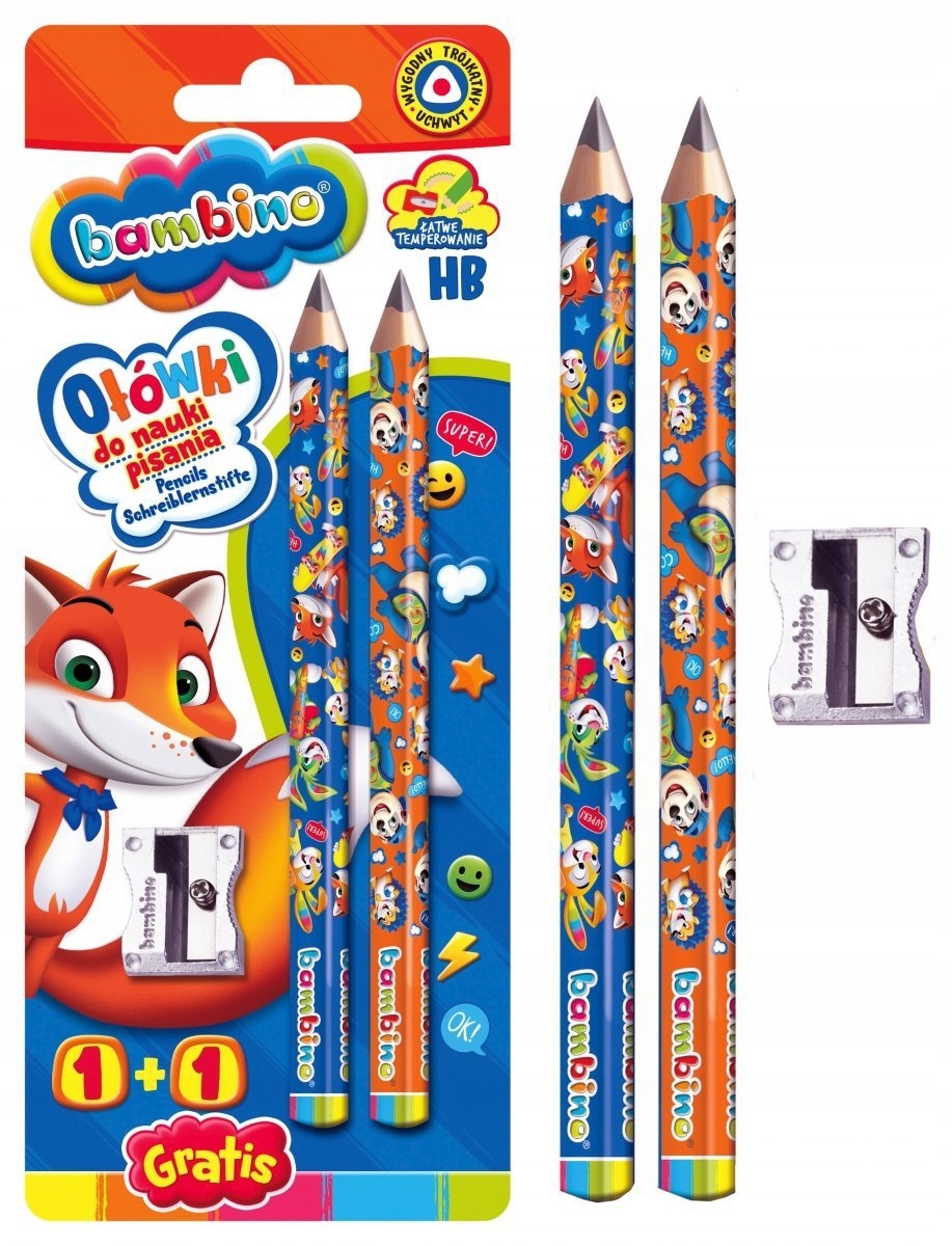 Ołówki Grube Do Nauki Pisania Trójkątne 2szt + Temperówka Bambino