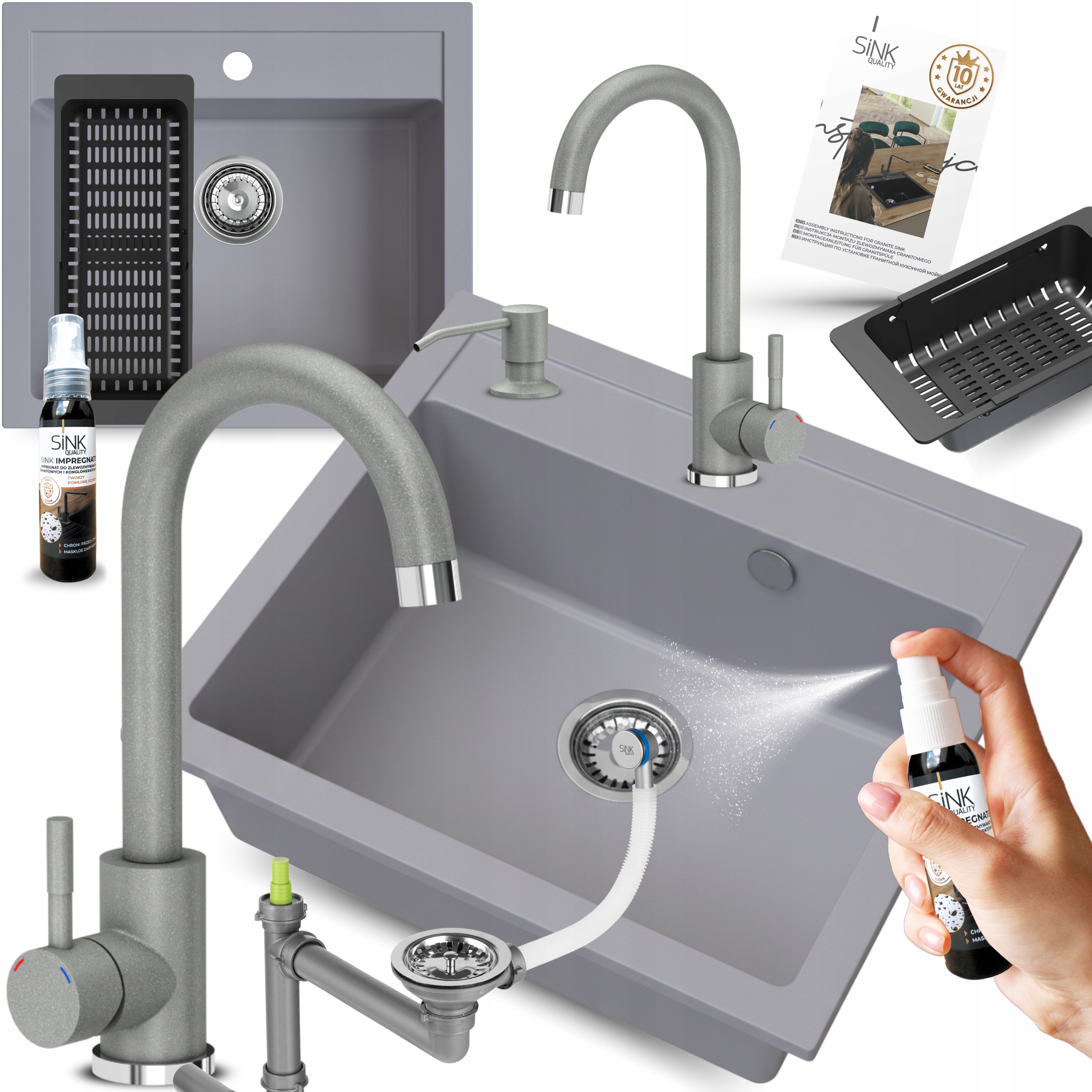 Granitový Dřez Jednokomorový 60 cm šedý S Baterií a dávkovačem 11 ks