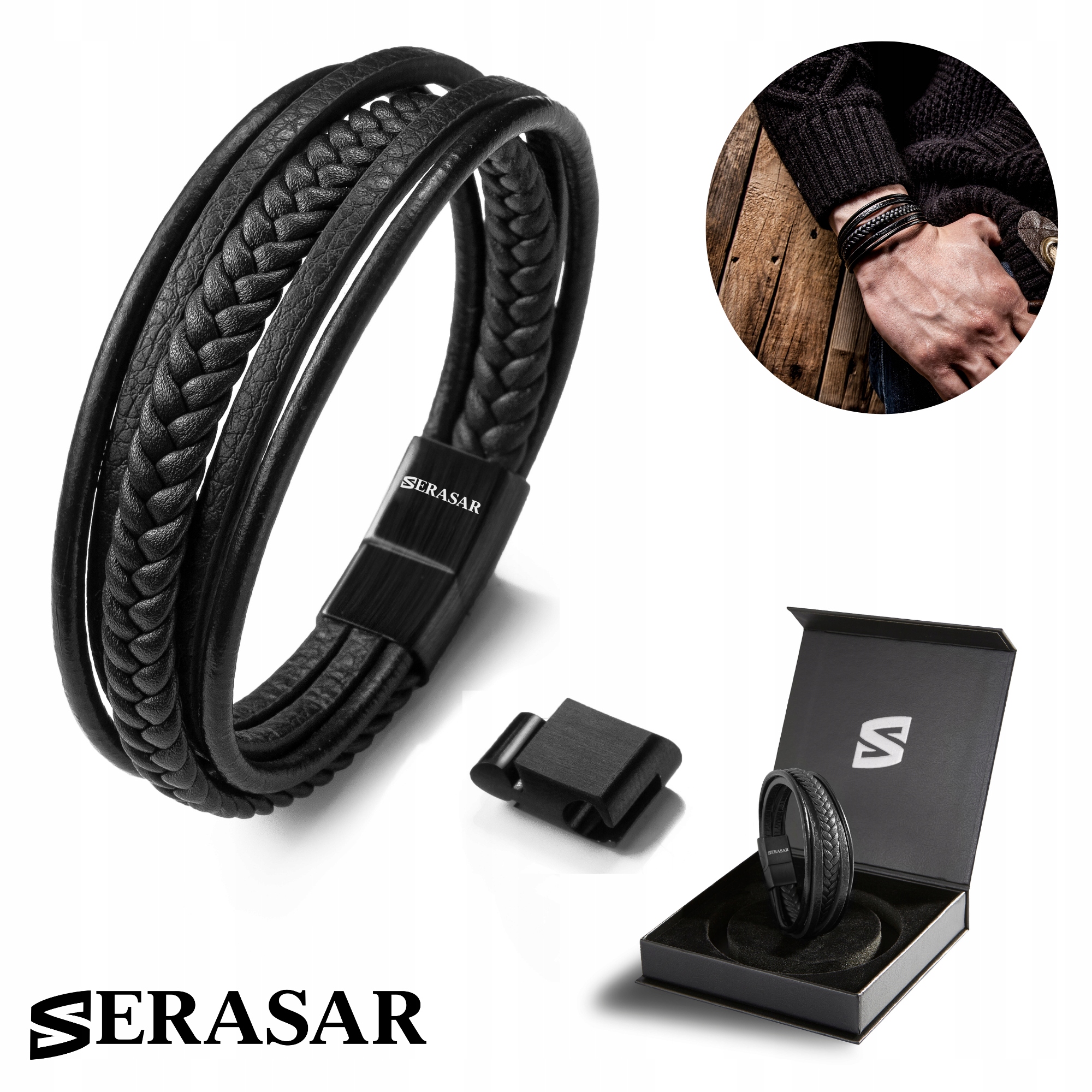 Serasar, Pánský kožený náramek „Braid“ – černý, 21 cm