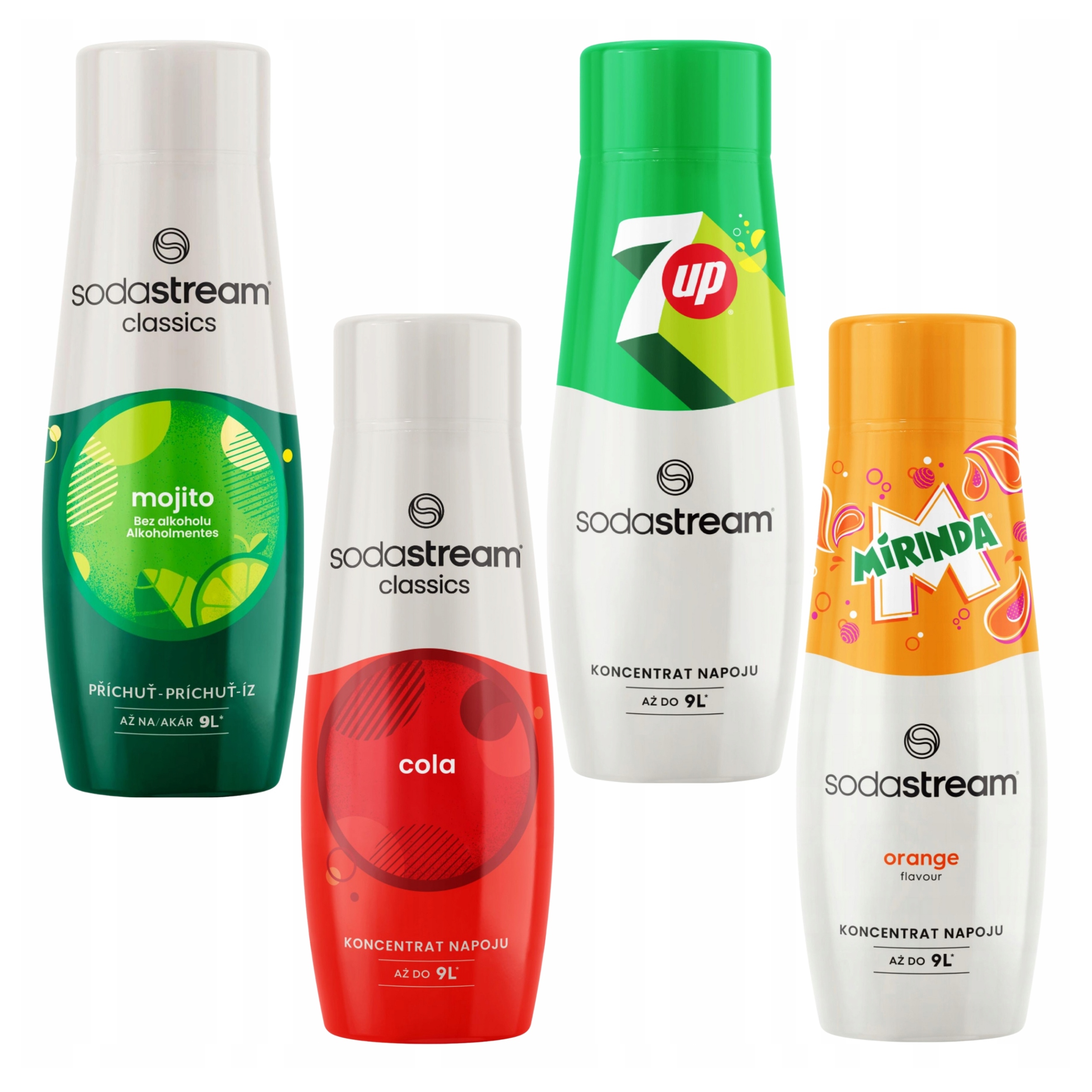 Sada 4 sirupů Sodastream Cola Mirinda Mojito 7UP Koncentrát na vodu