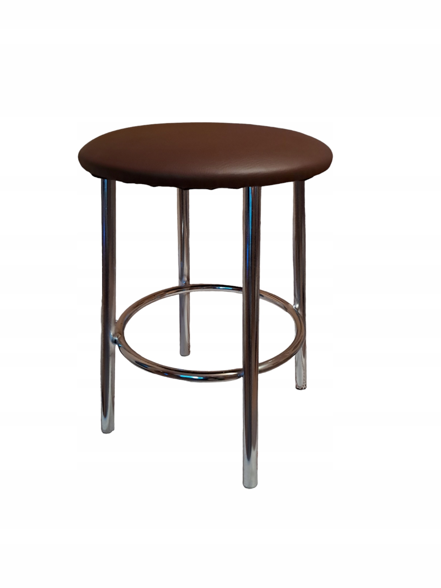 Taboret chromowy Jopek brązowy Skaj. Do kuchni.
